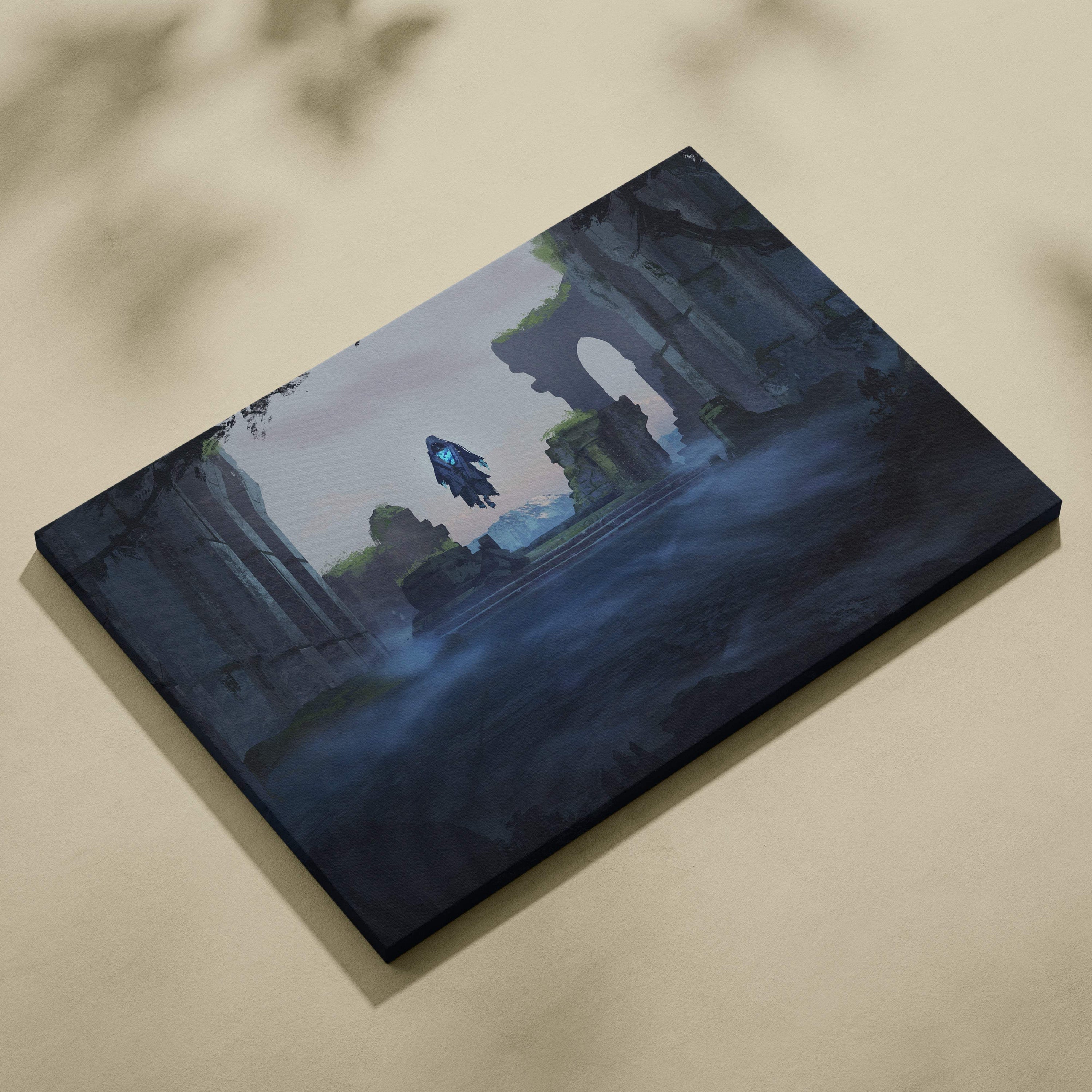 Dark blue canvas print of misty gothic ruins with a glowing spirit floating above for haunted decor