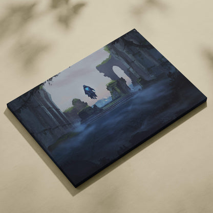 Dark blue canvas print of misty gothic ruins with a glowing spirit floating above for haunted decor
