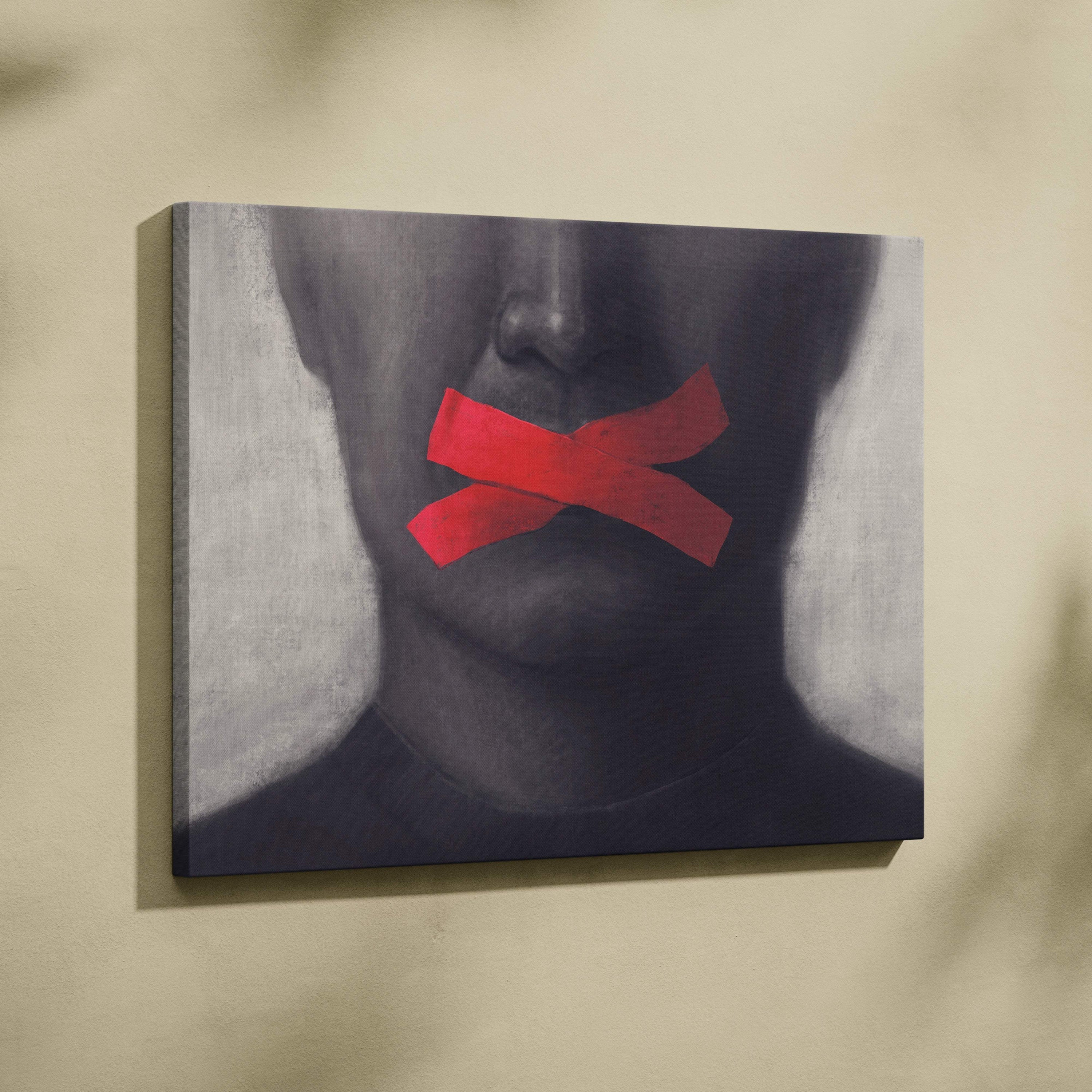 Contemporary silence canvas wall art featuring a black and white face portrait with bold red tape over the mouth