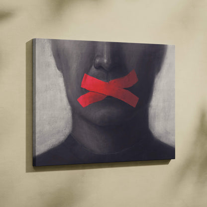 Contemporary silence canvas wall art featuring a black and white face portrait with bold red tape over the mouth