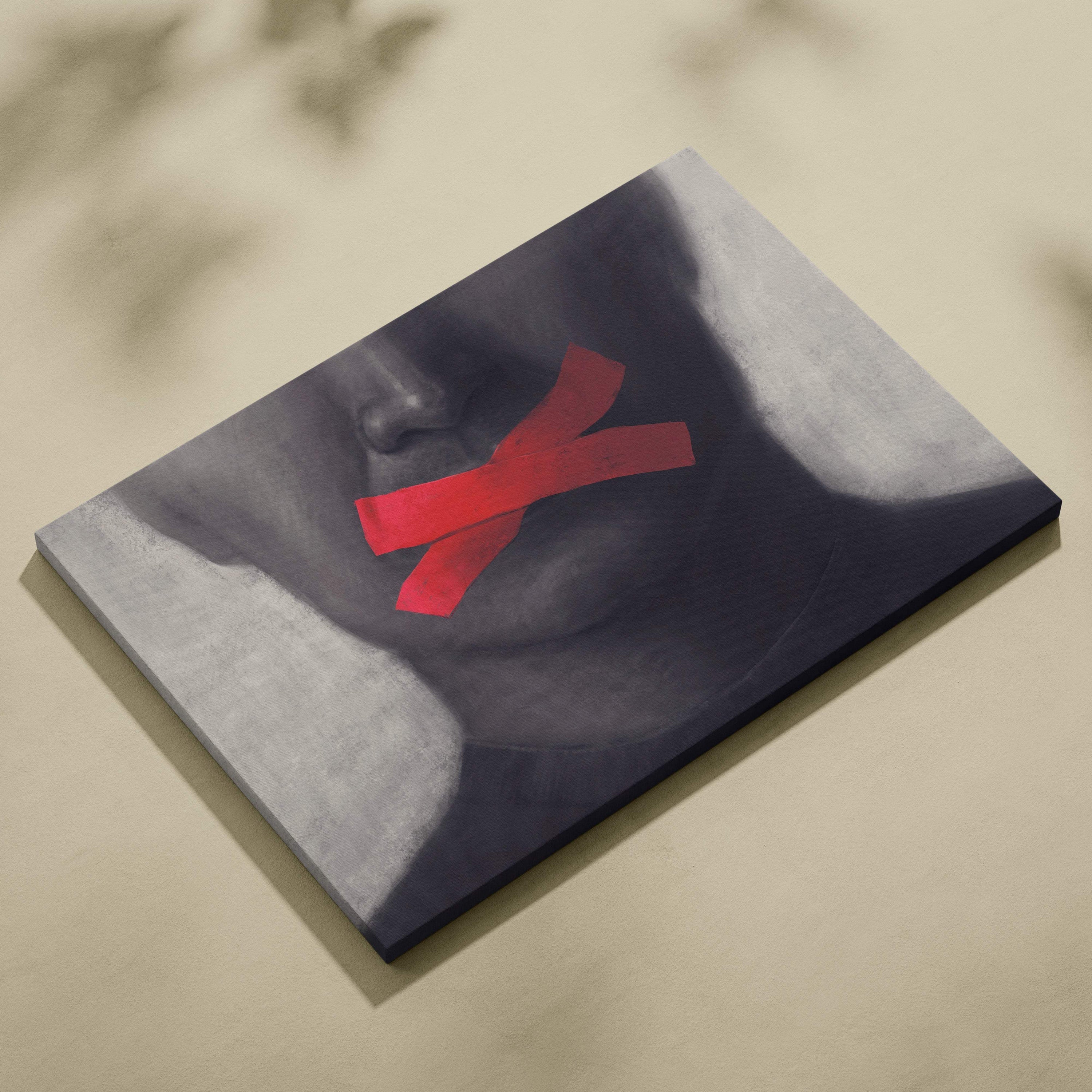 Contemporary silence canvas wall art with grayscale face and bold red tape mouth print for modern office decor