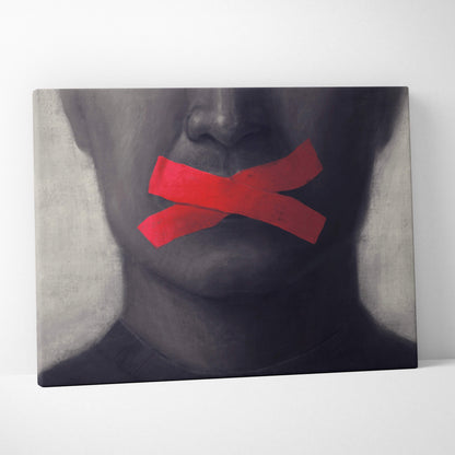 A contemporary canvas wall art with a monochrome portrait and bold red tape crossing lips for modern office decor