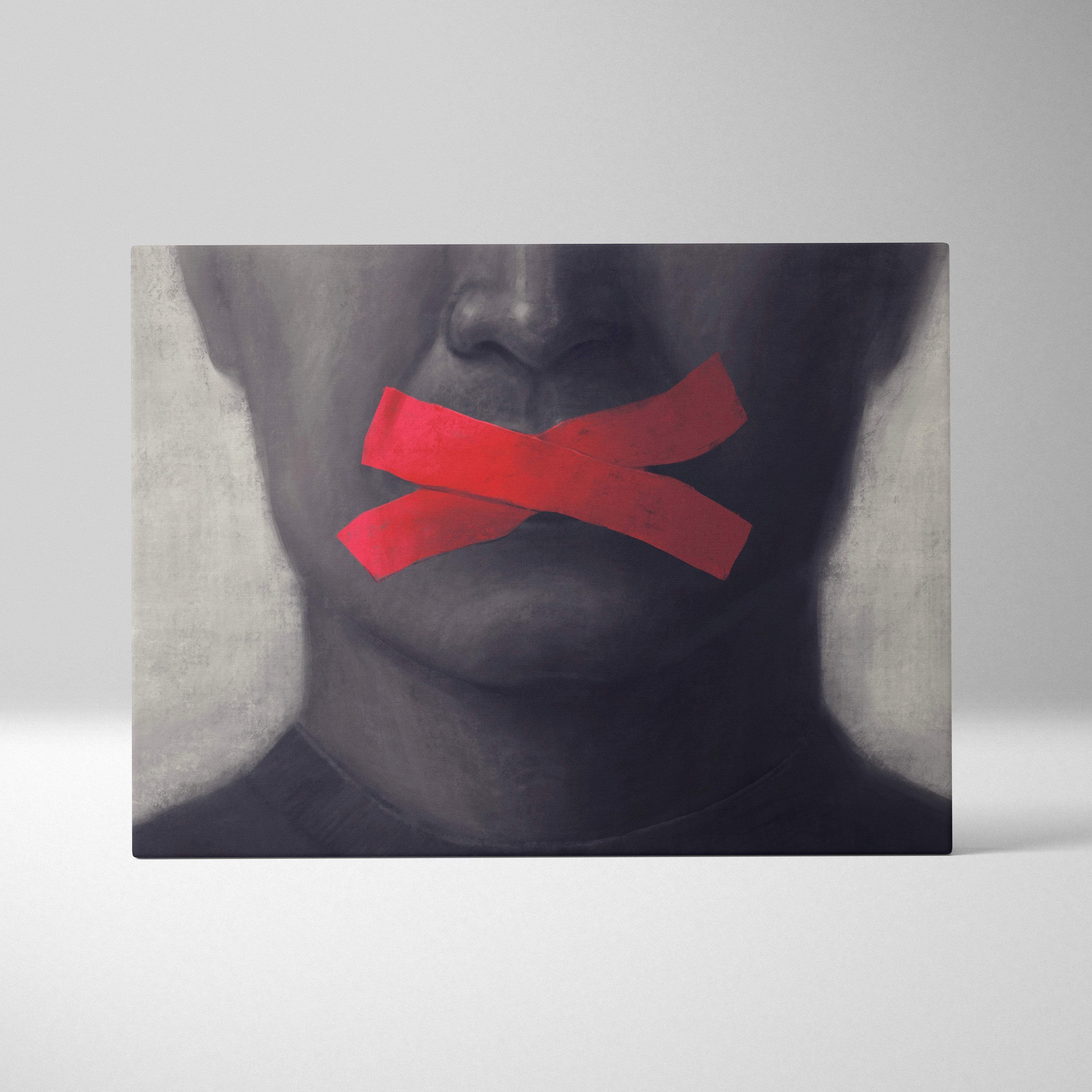 Contemporary silence canvas wall art featuring a black and white portrait with bold red tape over the mouth for office decor