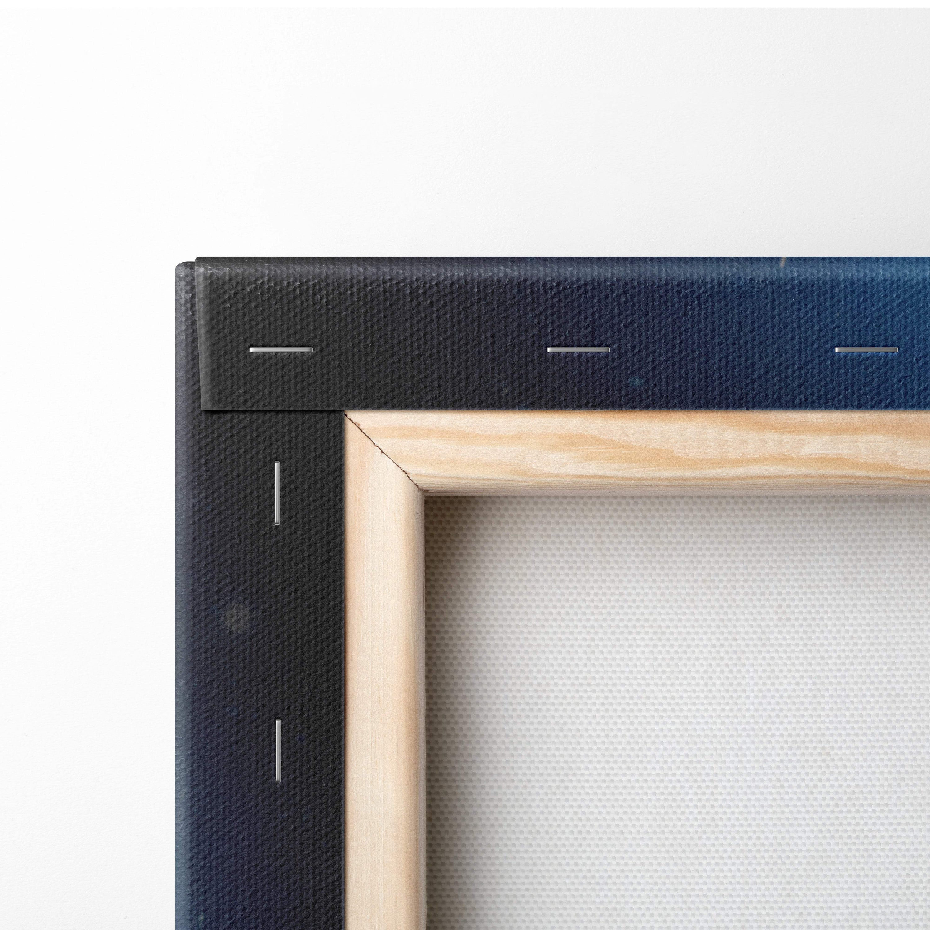 Samurai moon canvas wall art print with blue japanese warrior silhouette in natural wood frame and black textured border