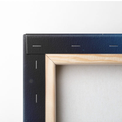 Samurai moon canvas wall art print with blue japanese warrior silhouette in natural wood frame and black textured border