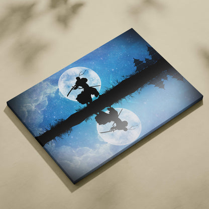 Blue canvas print featuring black samurai silhouette on bridge under starry night sky with two full moons for wall art