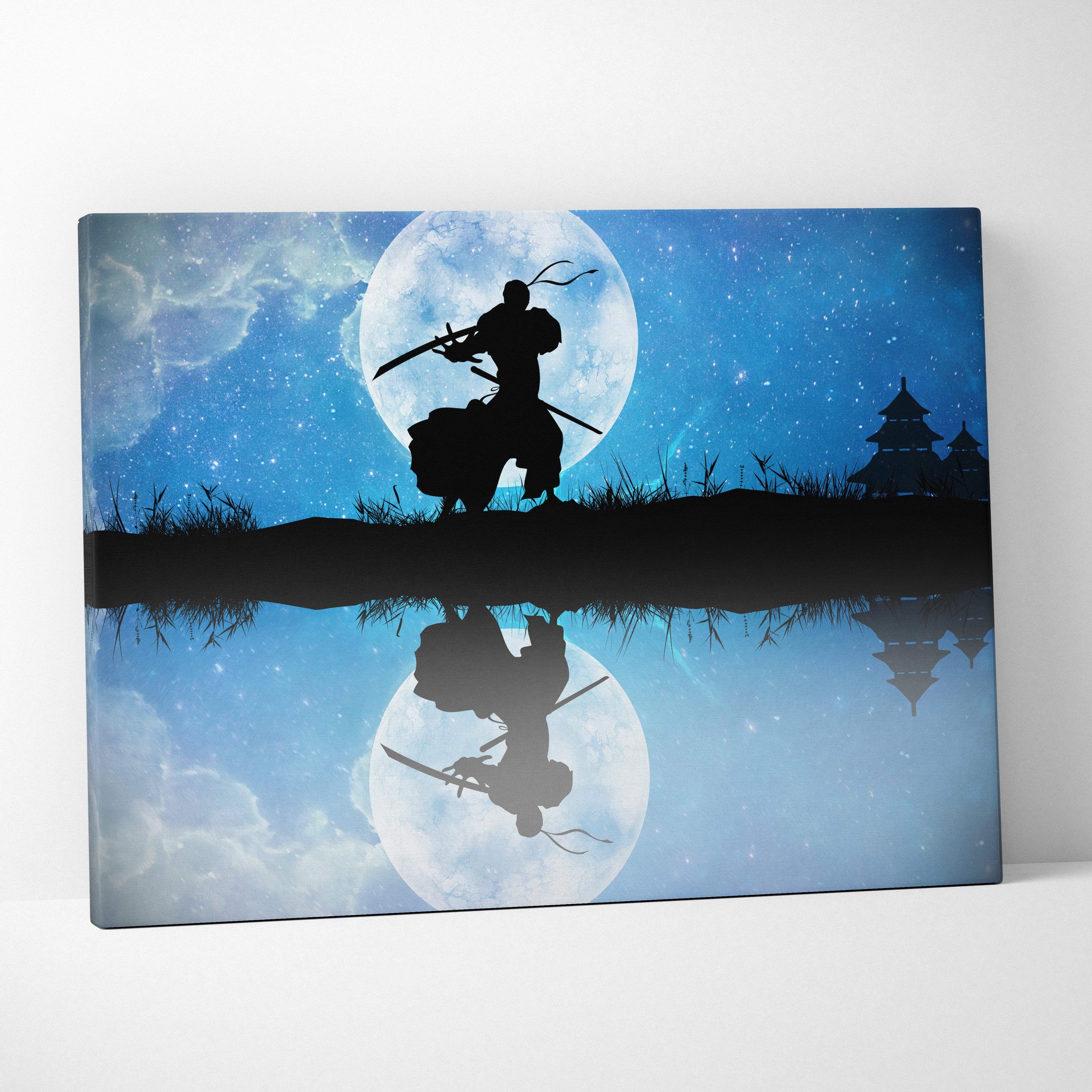 Blue canvas print of a black samurai silhouette with swords against a full moon and starry sky reflected in water
