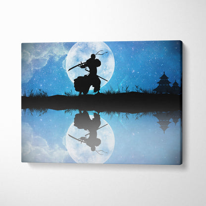 Blue canvas wall art print featuring a samurai silhouette with two swords standing before a full moon reflection