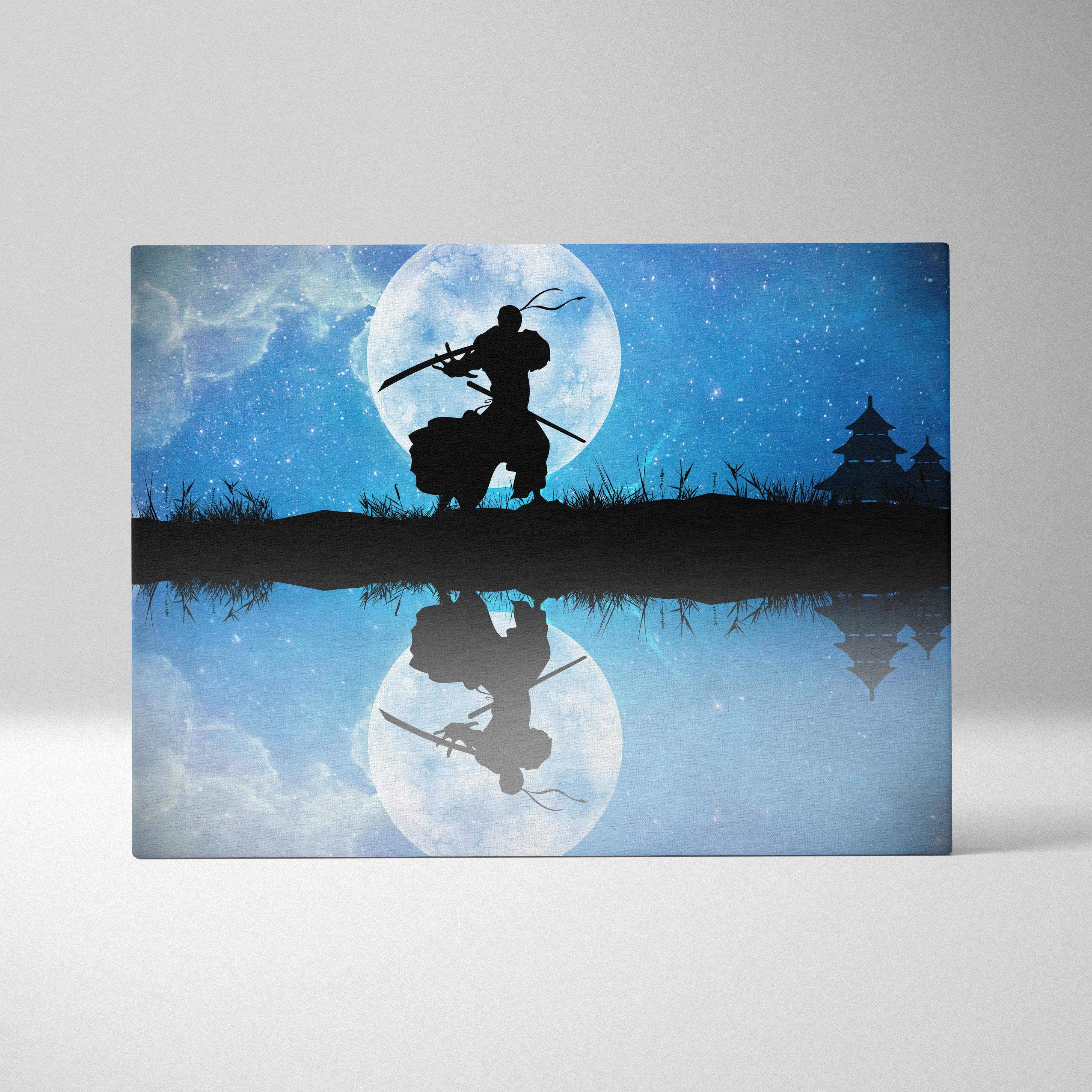 Blue canvas print featuring a black samurai silhouette with swords against a full moon and starry sky reflecting in water
