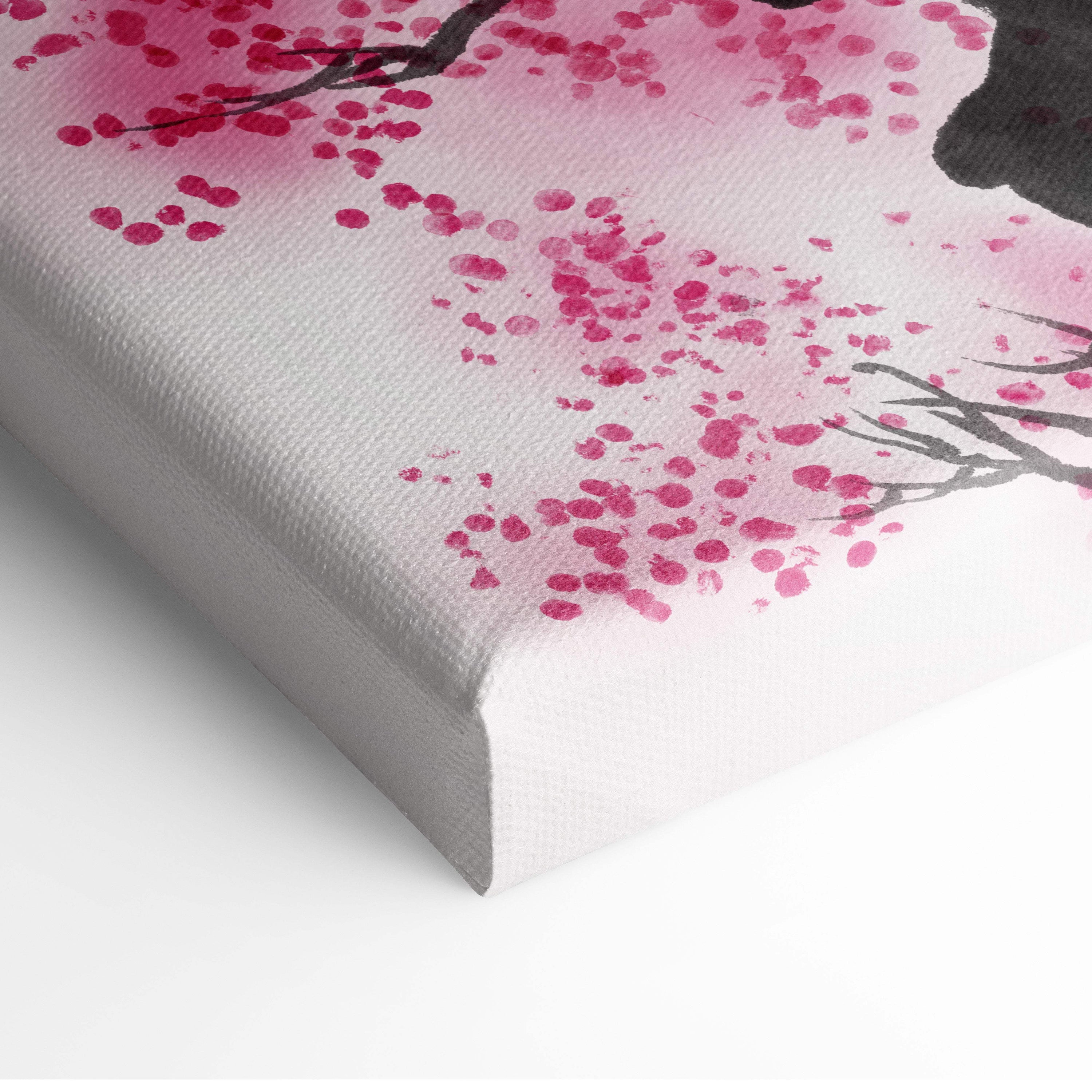 Pink cherry blossom lake canvas wall art with delicate pink flowers and gray black ink branches on textured white surface
