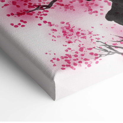 Pink cherry blossom lake canvas wall art with delicate pink flowers and gray black ink branches on textured white surface