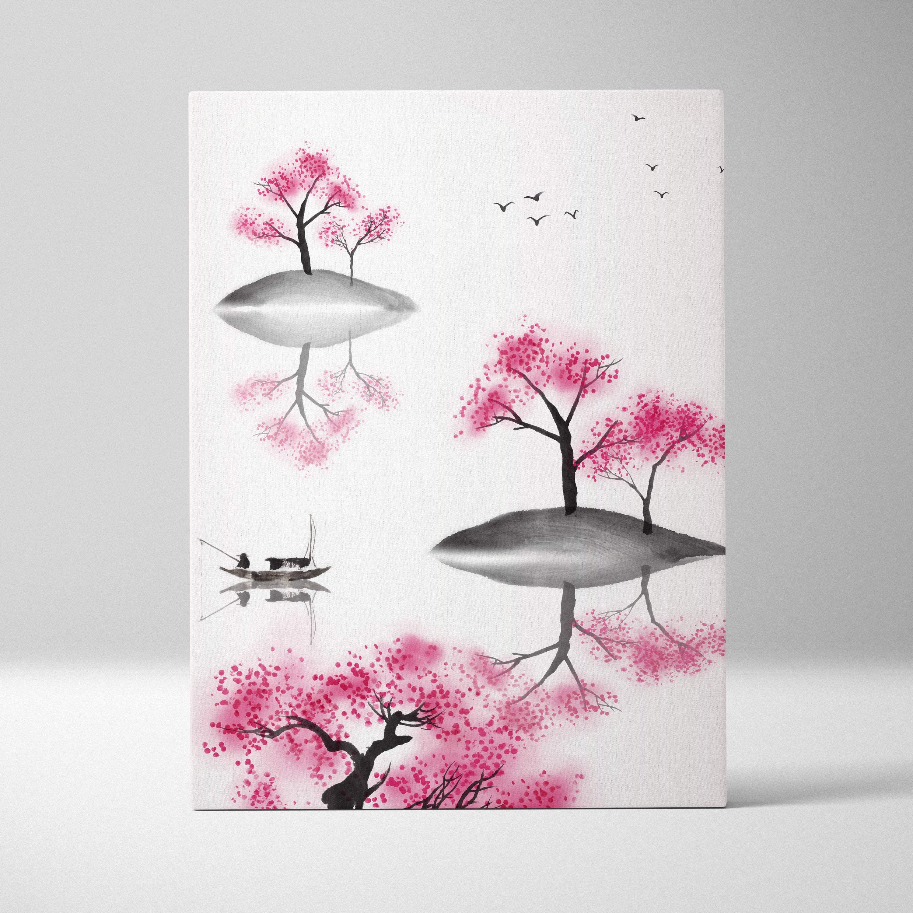 Pink cherry blossom lake canvas wall art featuring vibrant ink-wash style trees with birds and boat on white background