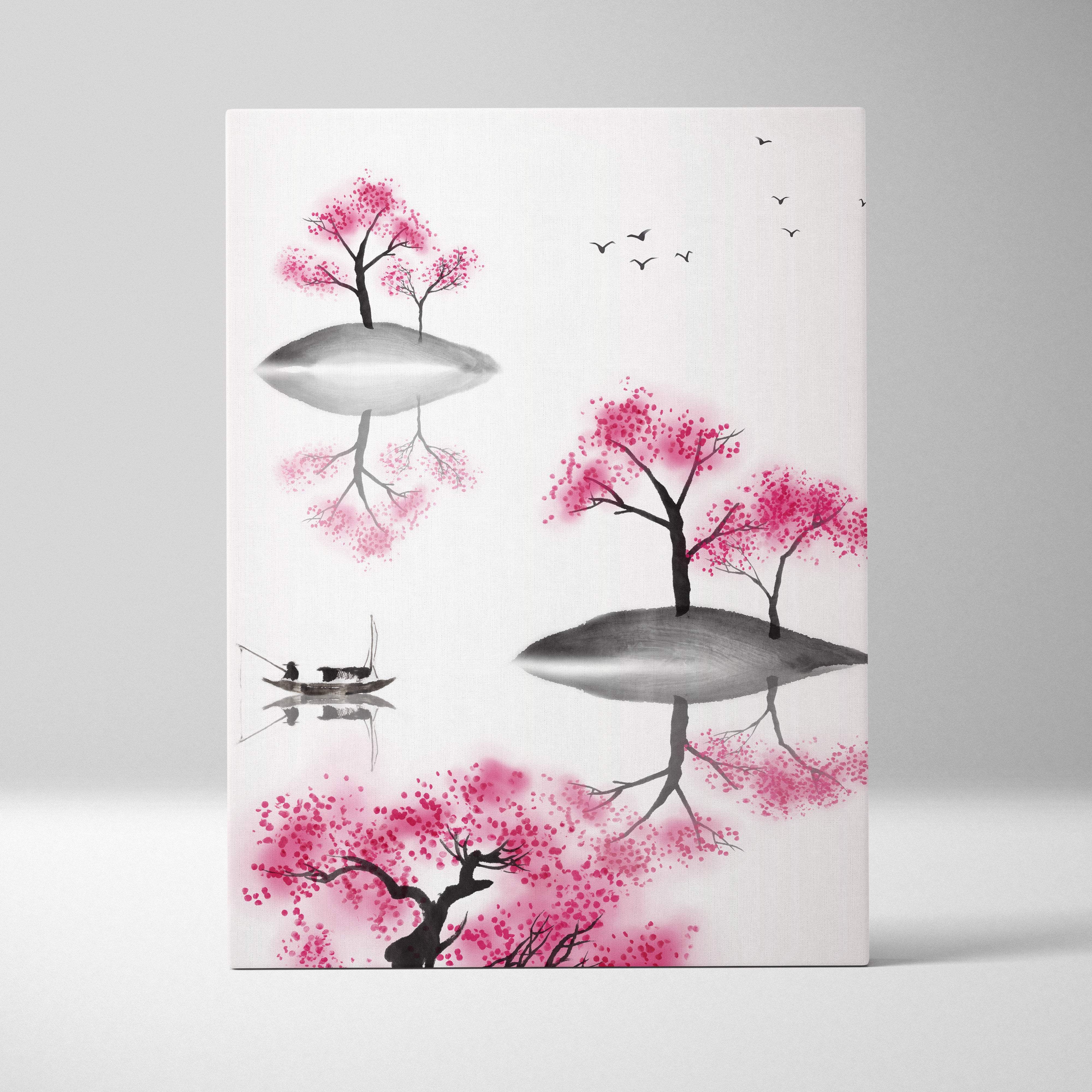 Pink cherry blossom lake canvas wall art featuring vibrant ink-wash style trees with birds and boat on white background