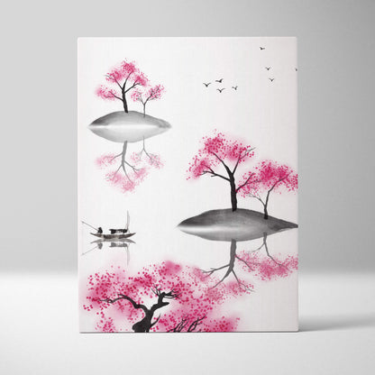 Pink cherry blossom lake canvas wall art featuring vibrant ink-wash style trees with birds and boat on white background