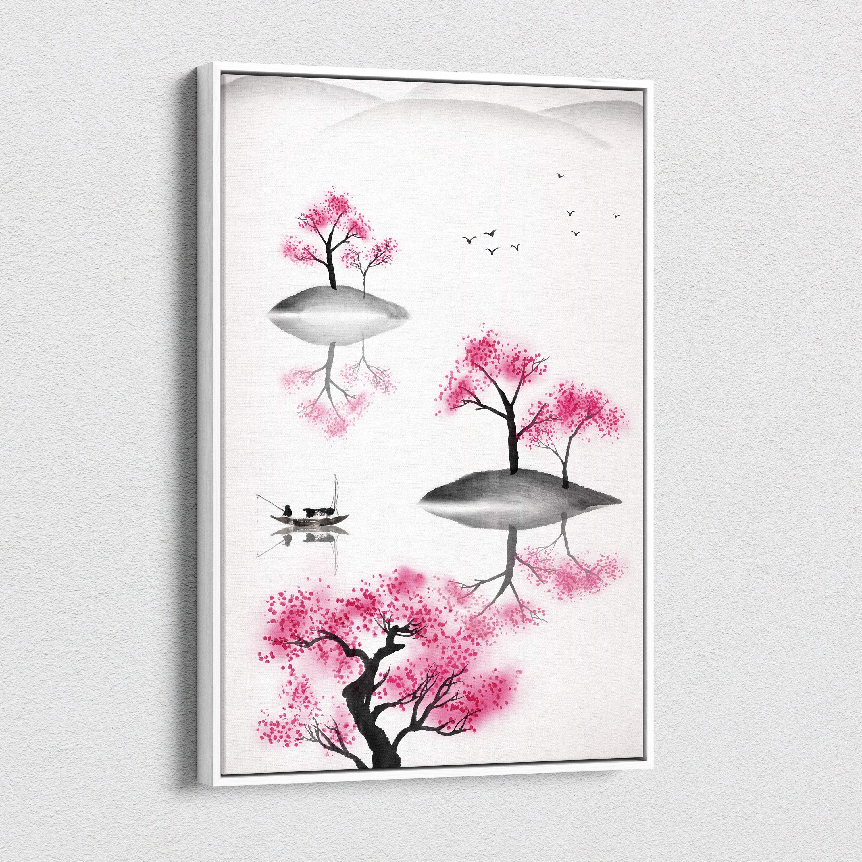 A framed canvas print of pink cherry blossom trees and black birds in gray ink wash for serene living room decor