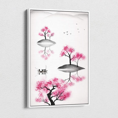 A framed canvas print of pink cherry blossom trees and black birds in gray ink wash for serene living room decor