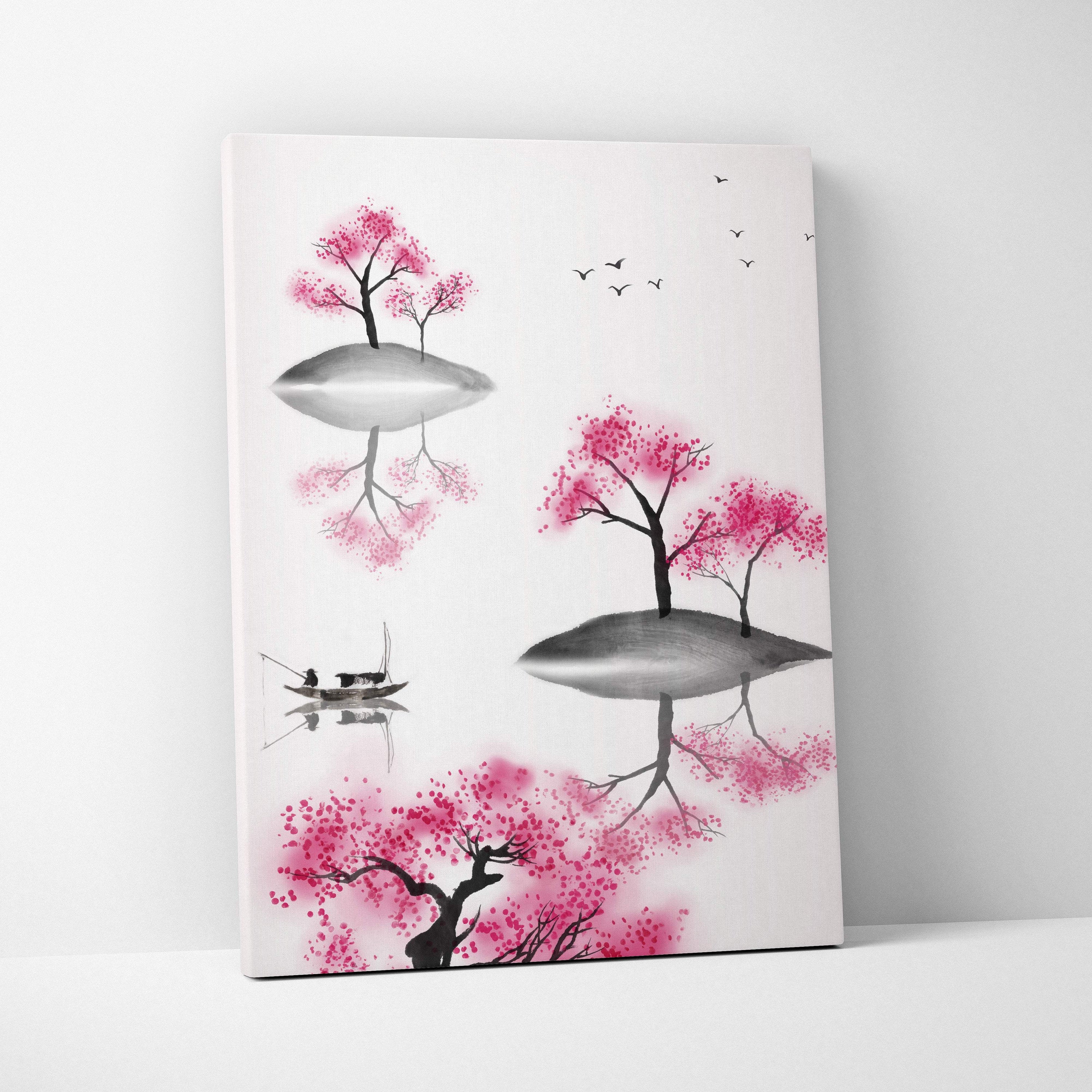 Pink cherry blossom lake canvas wall art featuring minimalist ink and watercolor floating islands with birds and boat
