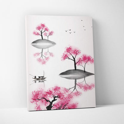 Pink cherry blossom lake canvas wall art featuring minimalist ink and watercolor floating islands with birds and boat