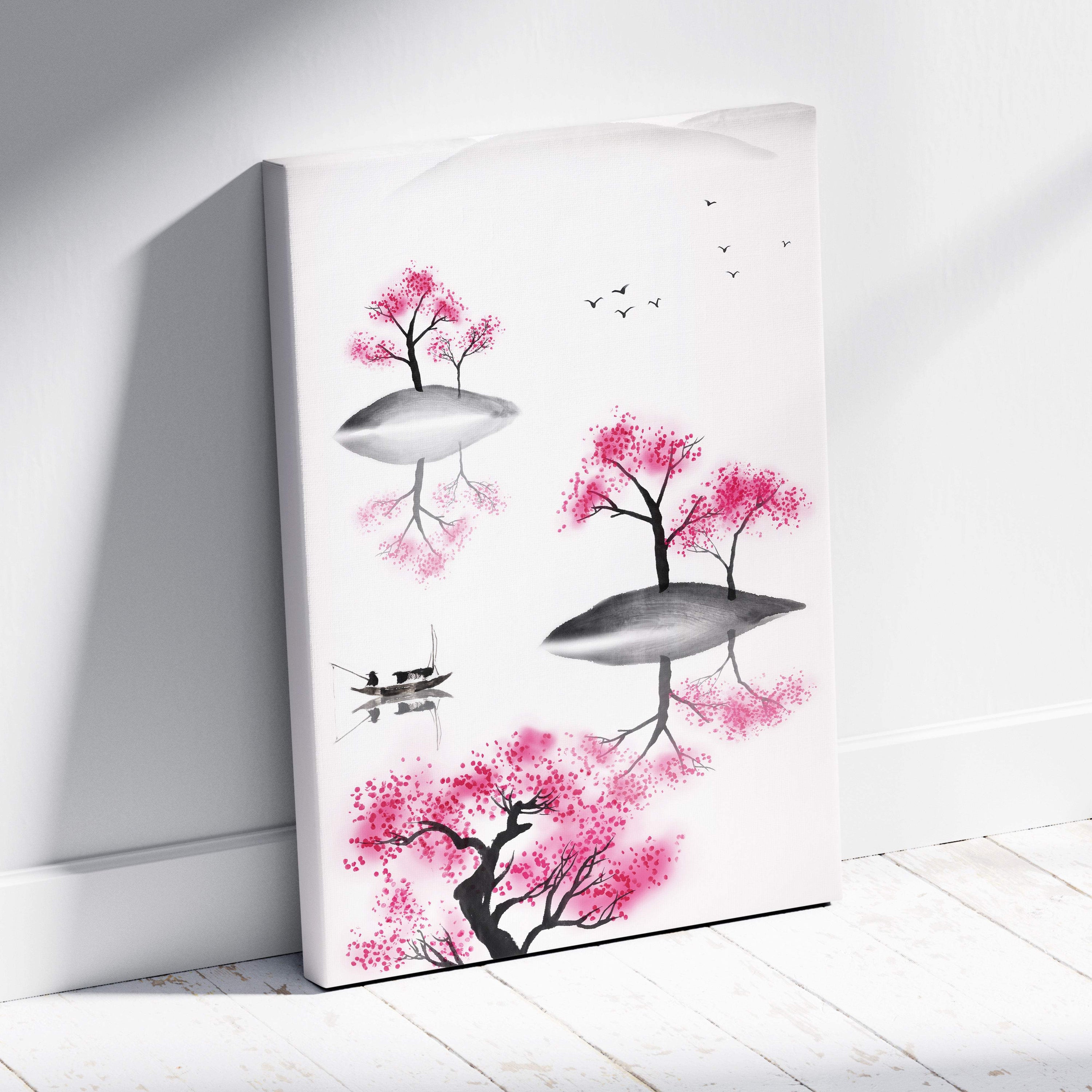 Pink cherry blossom lake canvas wall art with vibrant pink trees black ink outlines and gray watercolor washes on white background