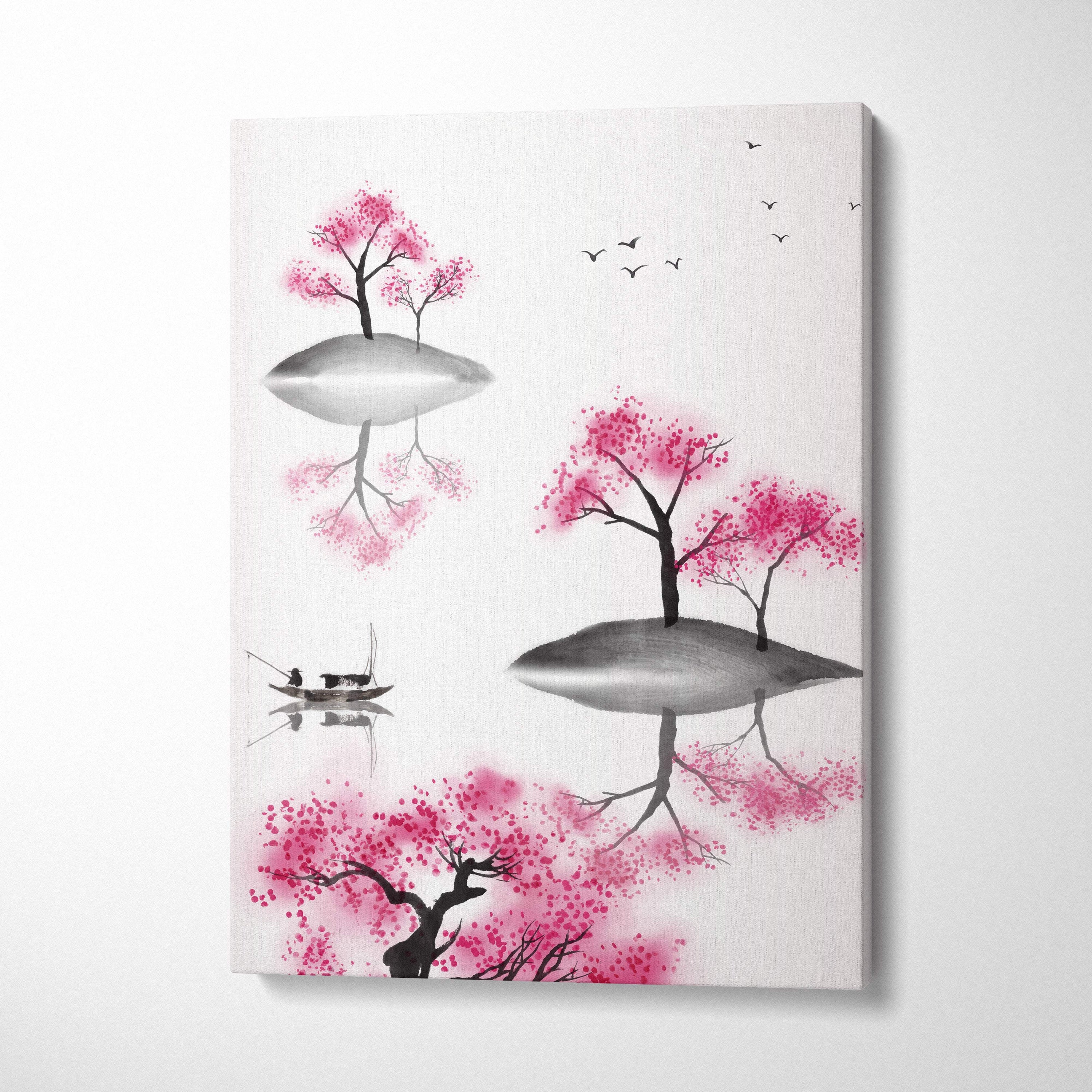 Pink cherry blossom lake canvas wall art with vibrant ink-wash trees gray islands and black bird silhouettes for zen decor