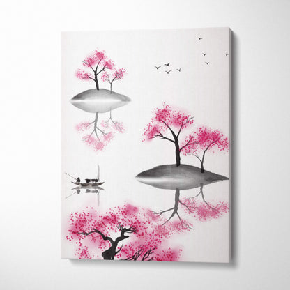 Pink cherry blossom lake canvas wall art with vibrant ink-wash trees gray islands and black bird silhouettes for zen decor