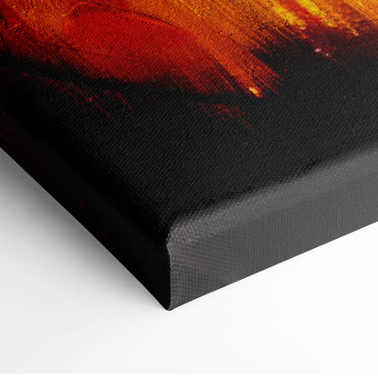 Dark fallen deity canvas art with bold fiery red and orange abstract brushstrokes on black stretched canvas