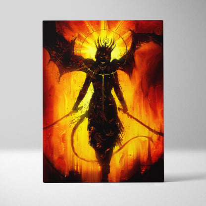 Dark fallen deity canvas art featuring a fiery orange and yellow background with a dark winged figure and intricate crown design