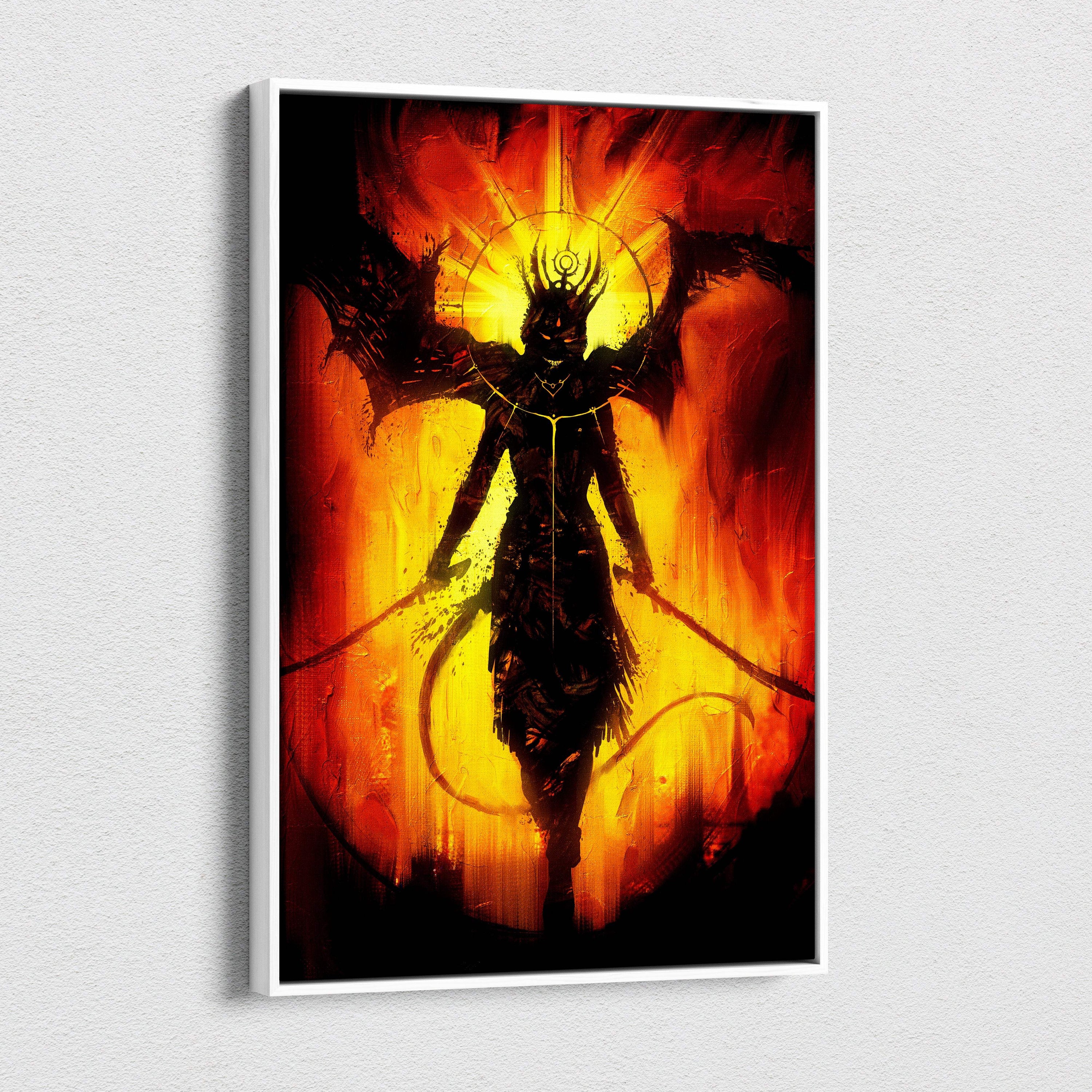 A framed canvas print of a dark fallen deity with horns and dual swords against a fiery orange and yellow background