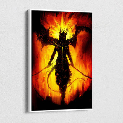 A framed canvas print of a dark fallen deity with horns and dual swords against a fiery orange and yellow background