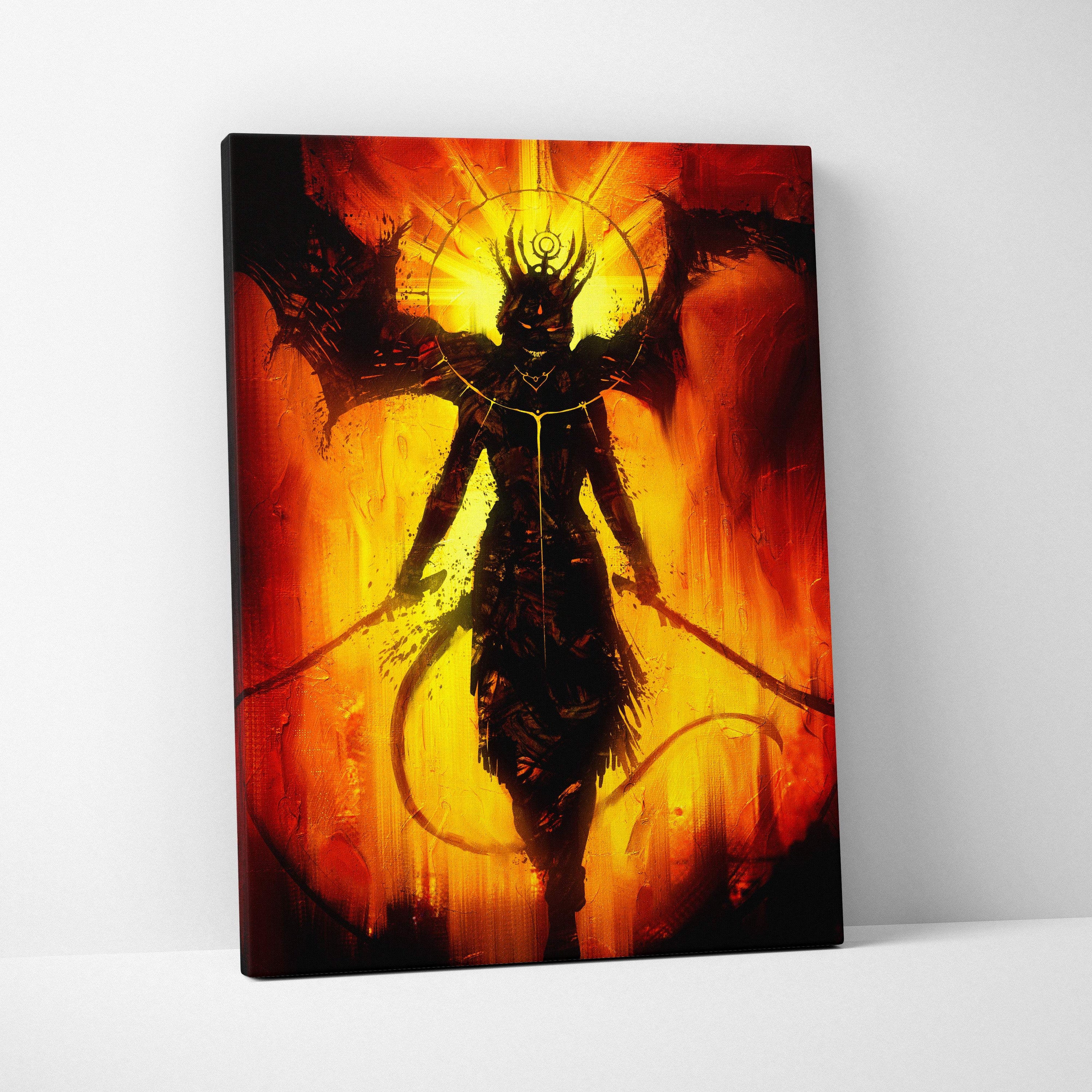 Dark fallen deity canvas art with fiery red and black demon wings and halo against an orange yellow background