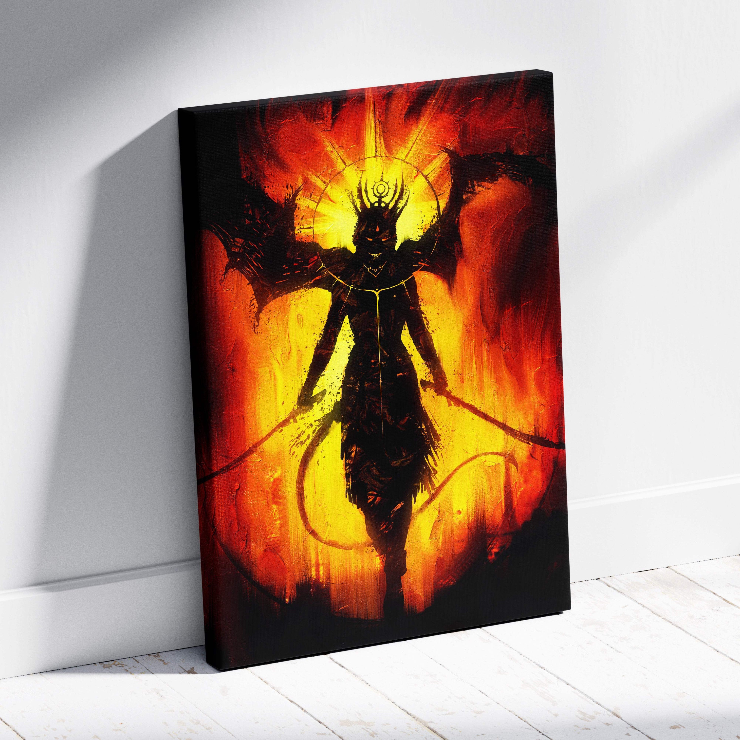 Dark fallen deity canvas art featuring a black winged figure with glowing golden eyes and crown on fiery red background