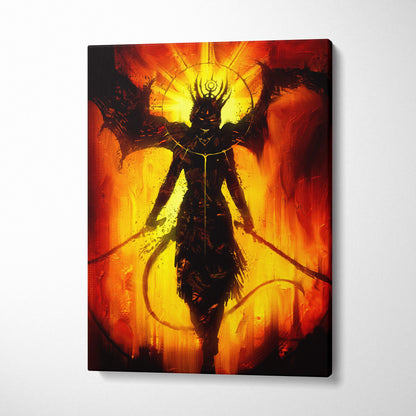 Dark fallen deity canvas art featuring a winged black demon with golden crown and eyes on fiery red background