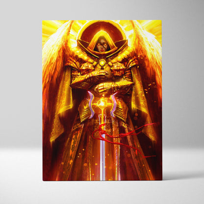 Divine golden archangel canvas art featuring a radiant golden armored angel with glowing sword and celestial wings