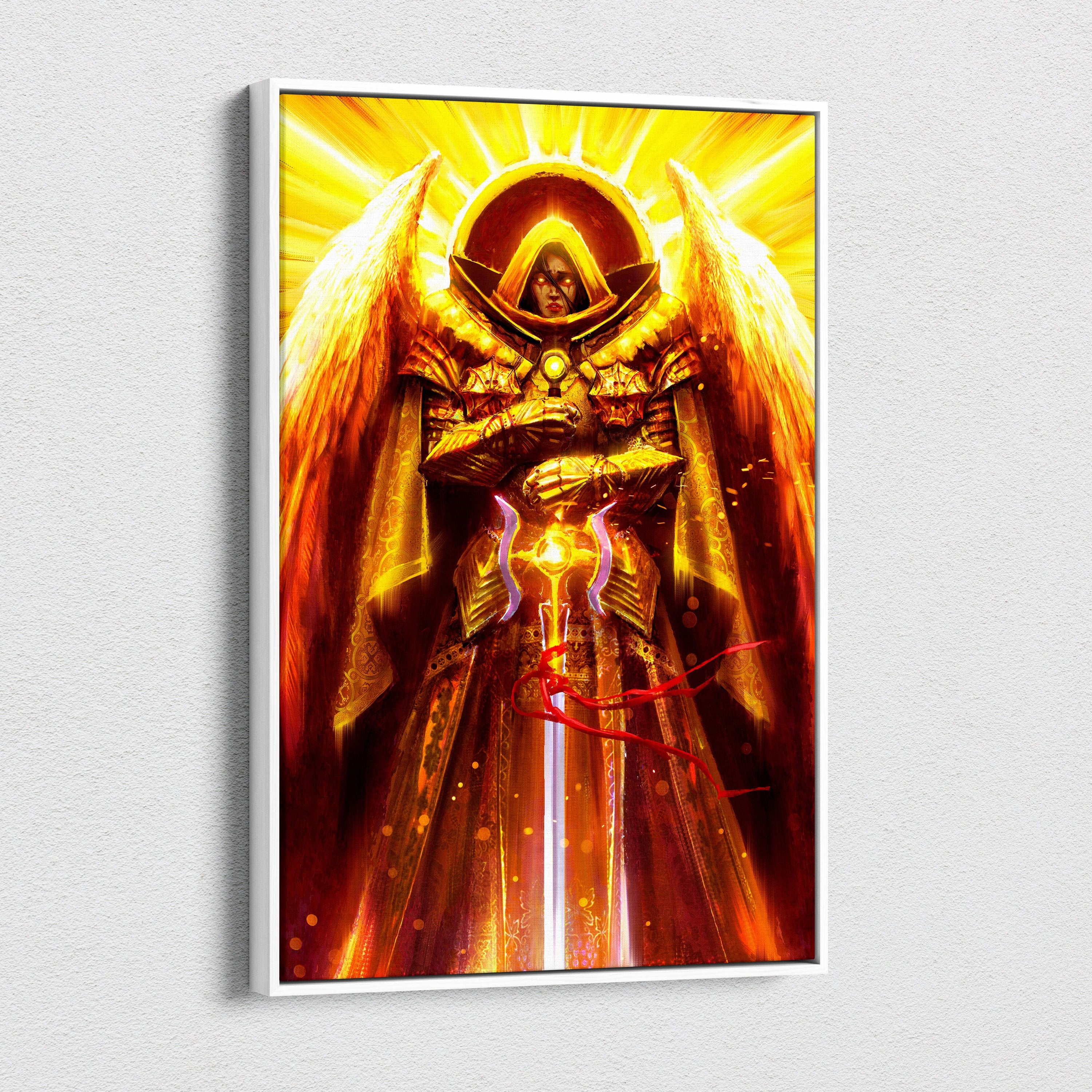 Divine golden archangel canvas art featuring a radiant celestial warrior with golden armor glowing sword and white frame