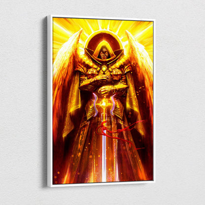 Divine golden archangel canvas art featuring a radiant celestial warrior with golden armor glowing sword and white frame