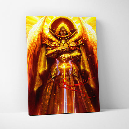 Divine golden archangel canvas art featuring radiant golden armored angel with glowing sword and sacred halo light