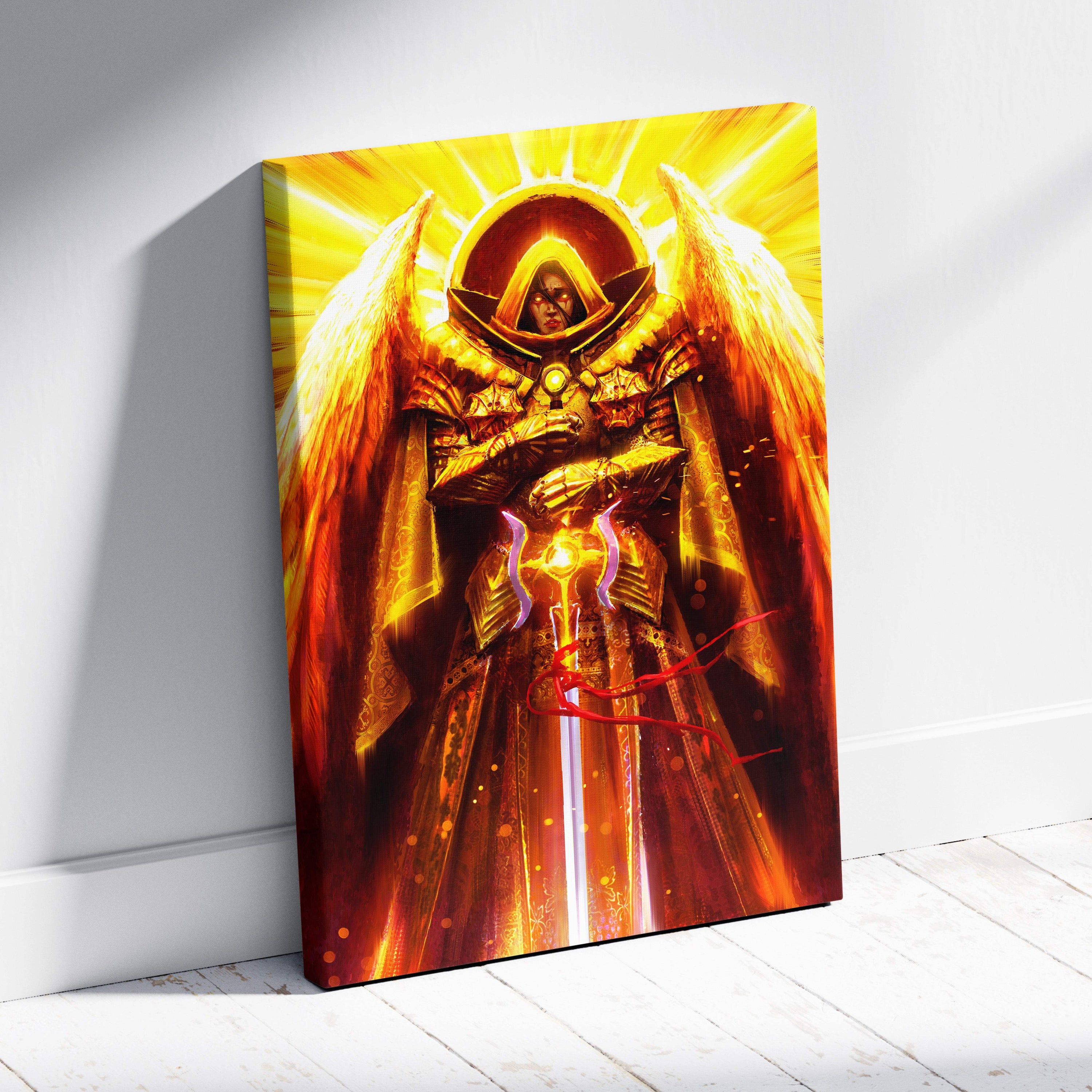Golden armored angel with radiant wings and glowing sword on vibrant divine archangel canvas art wall decor