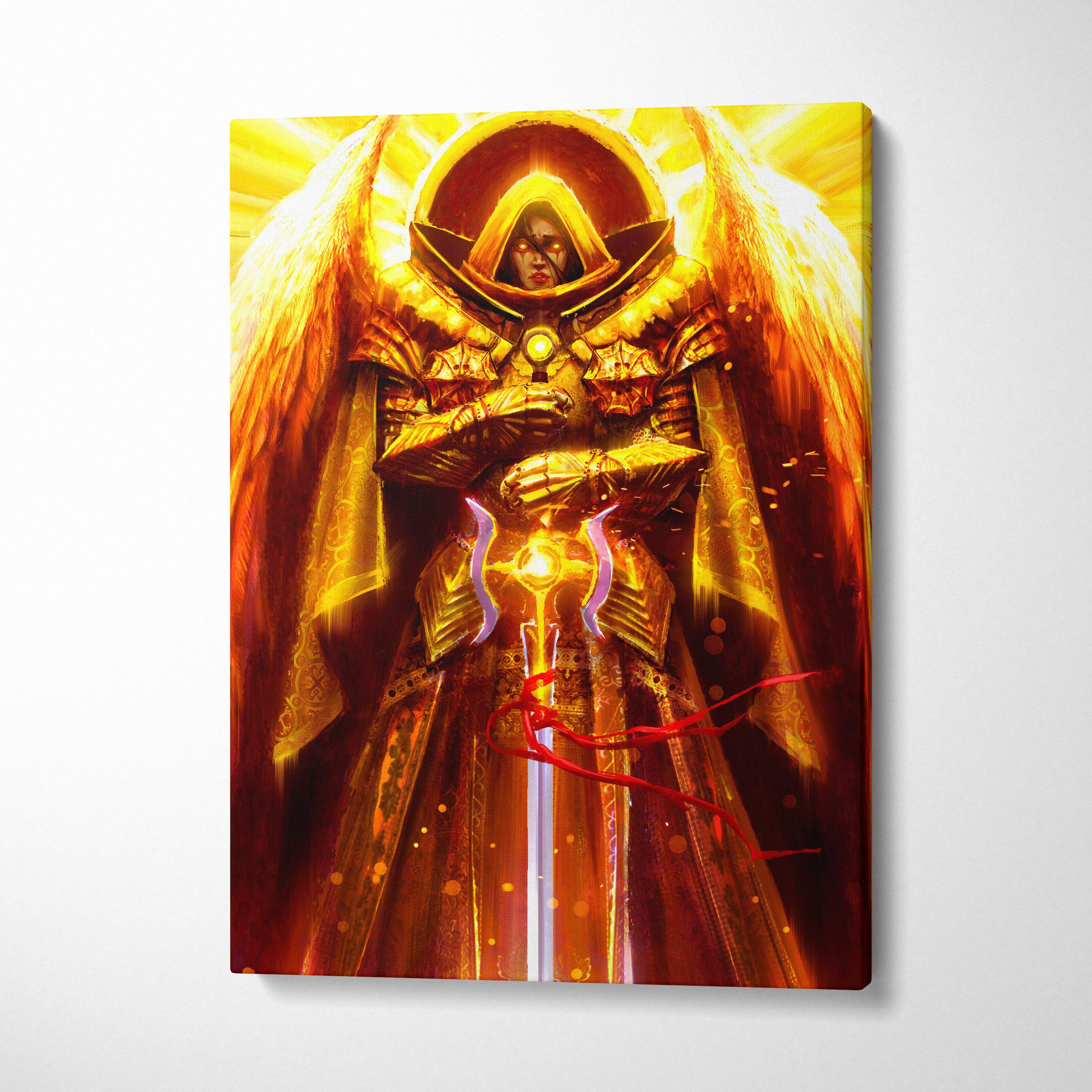 Golden armored angel canvas art with radiant wings glowing sword and sacred halo light for dramatic wall decor