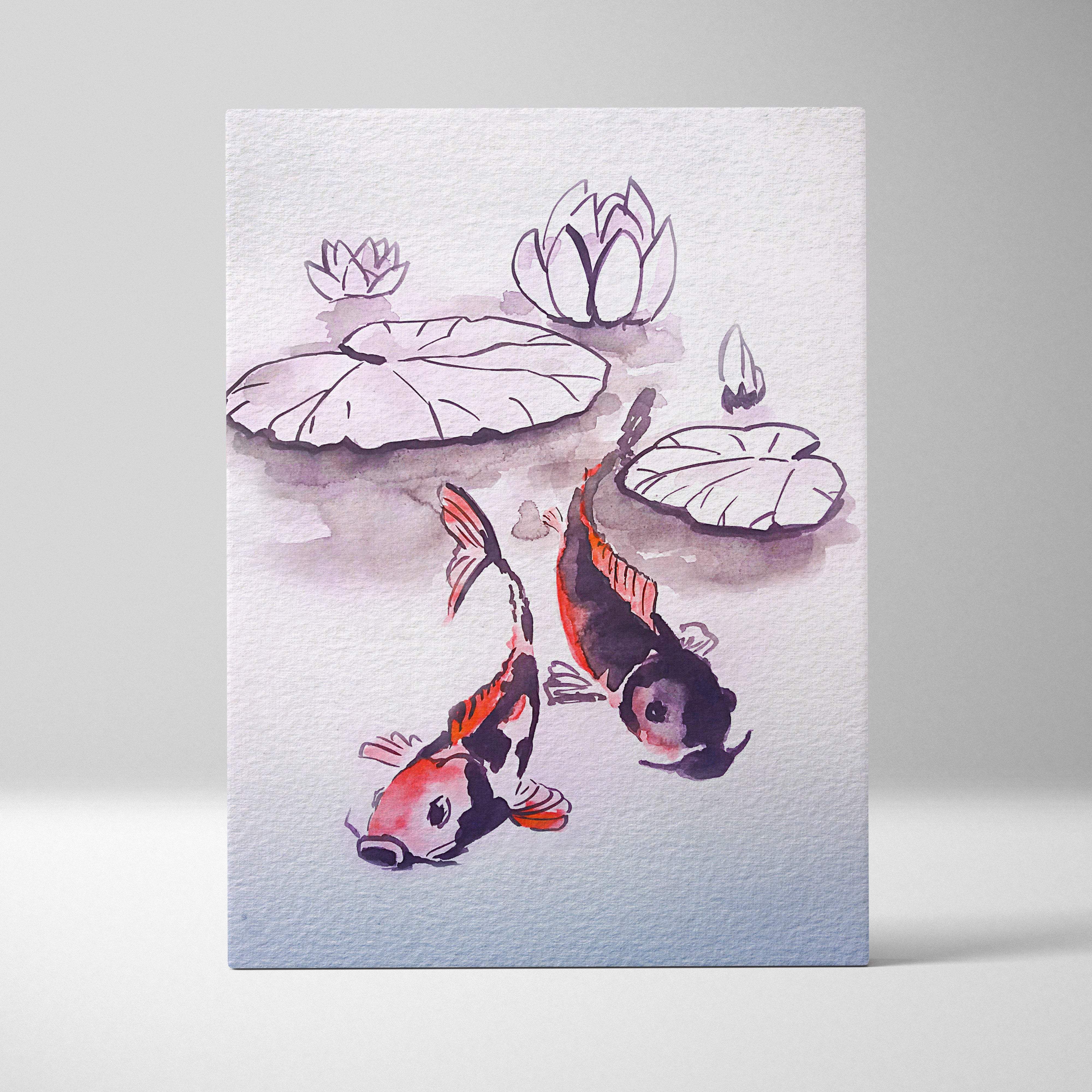 Watercolor painting of two red black and blue koi fish swimming among lotus leaves on textured canvas wall art for zen decor