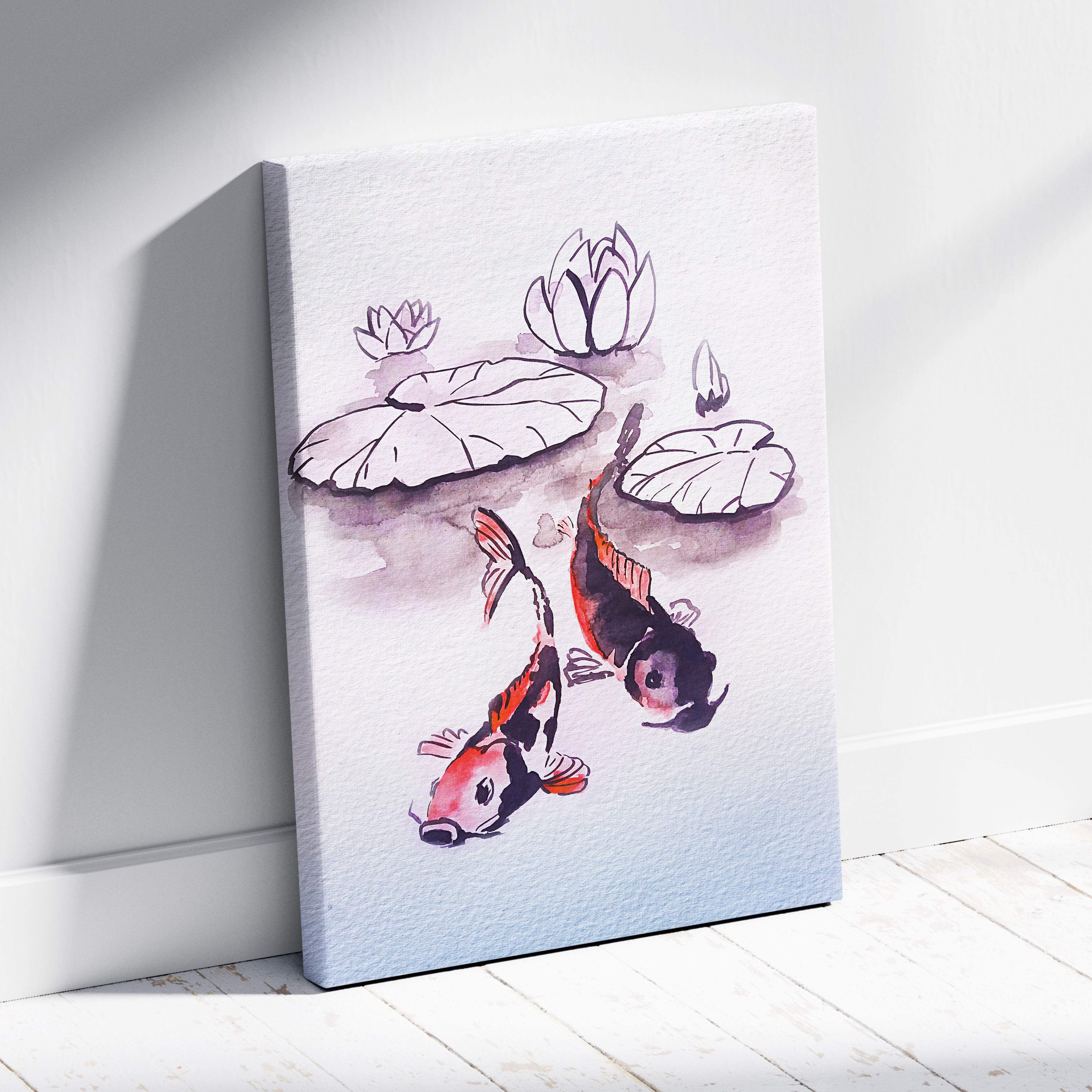 Watercolor canvas wall art of two koi fish swimming among lotus leaves in red black and purple for zen decor
