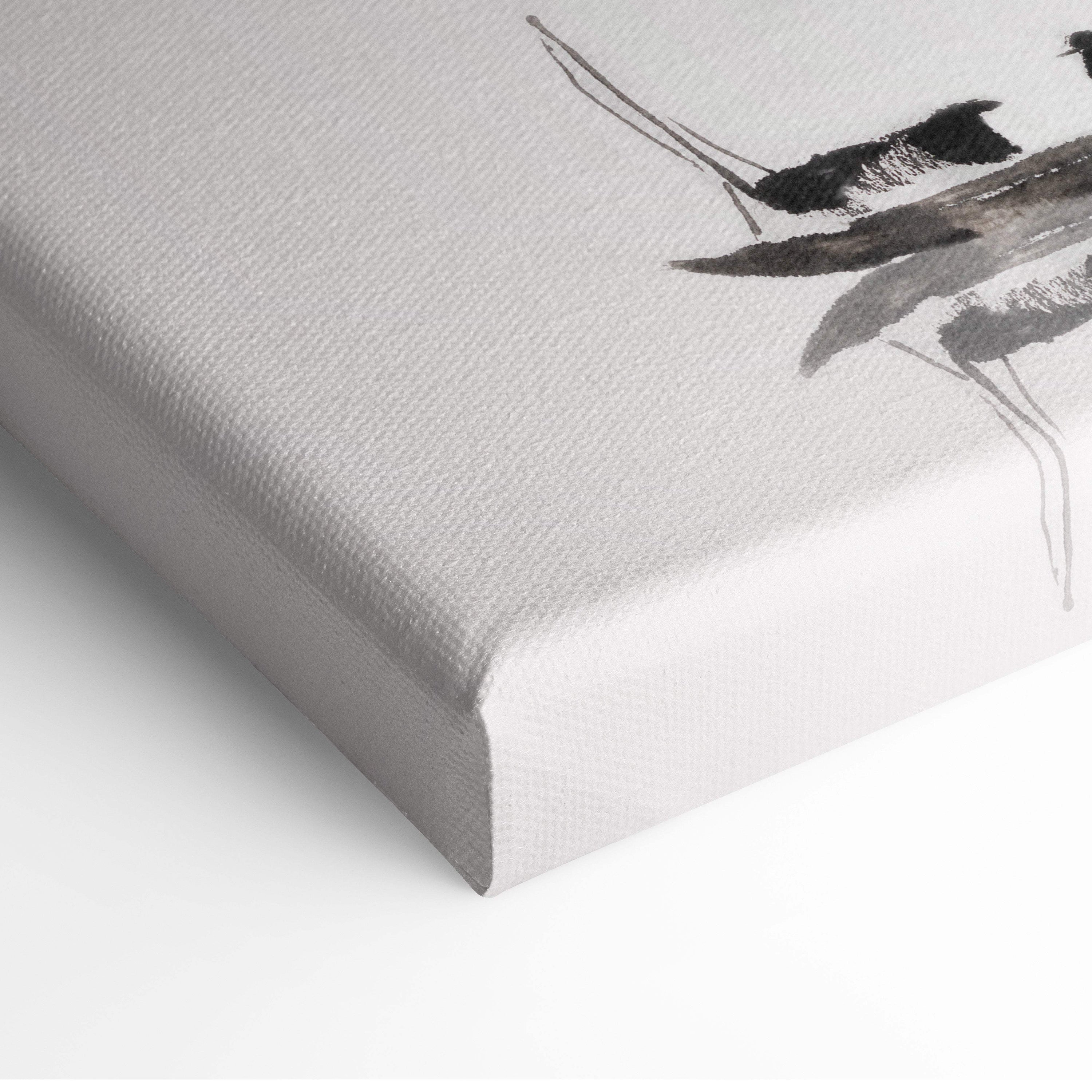 Minimalist canvas print with abstract black and gray ink brushstrokes on light gray textured surface for wall decor