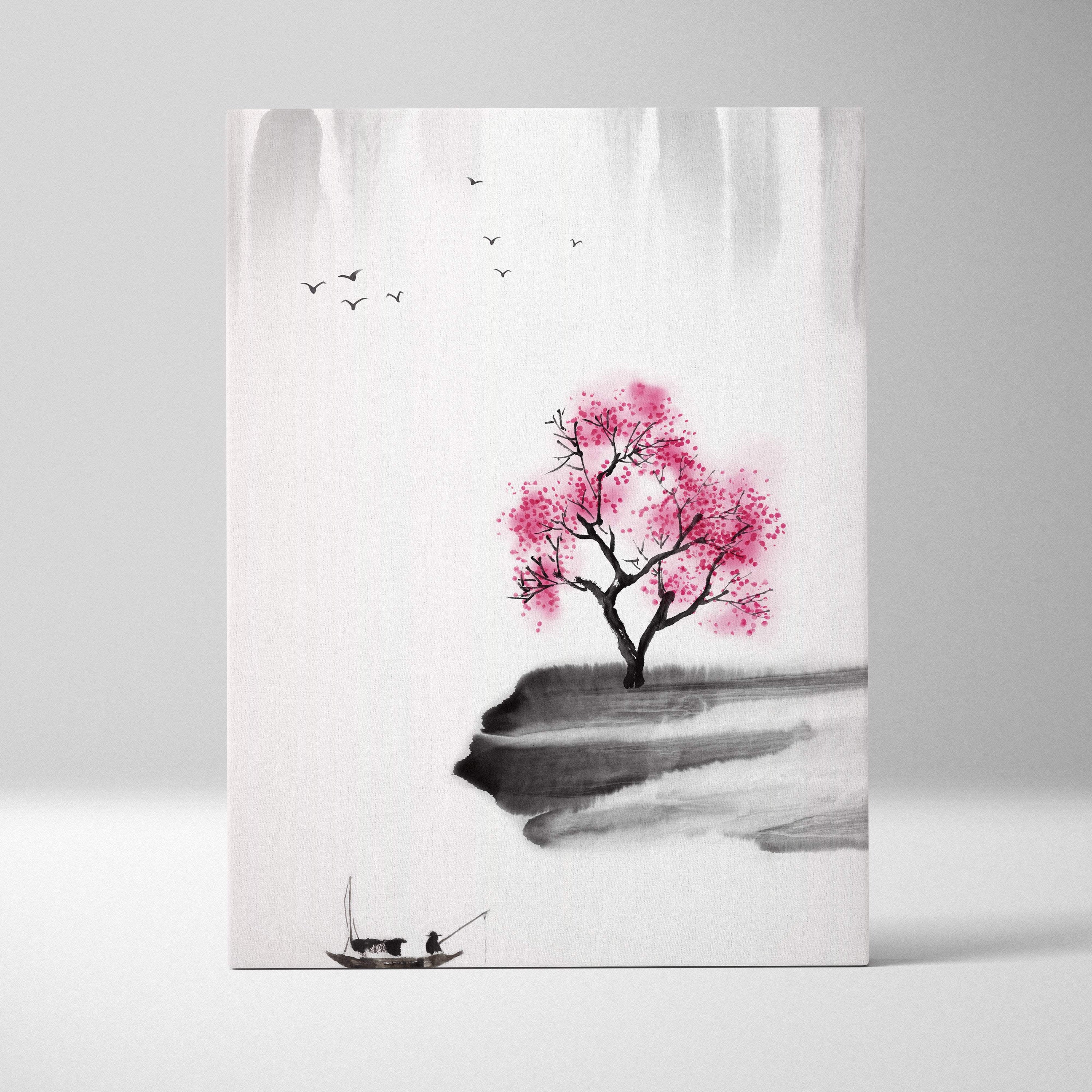 Pink cherry blossom lake canvas wall art with vibrant tree, gray black ink style, birds, and serene zen fisherman scene