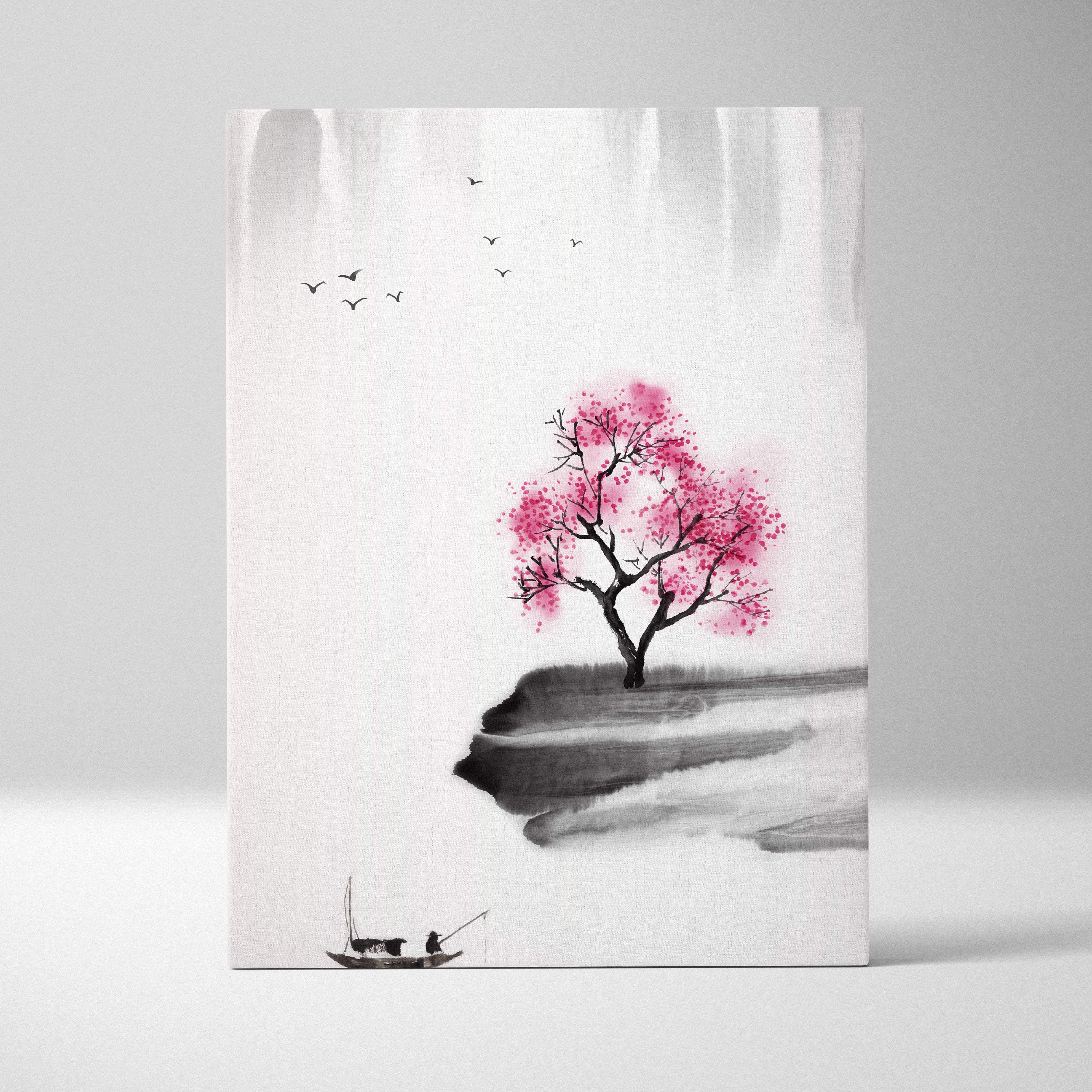 Pink cherry blossom lake canvas wall art with vibrant tree, gray black ink style, birds, and serene zen fisherman scene