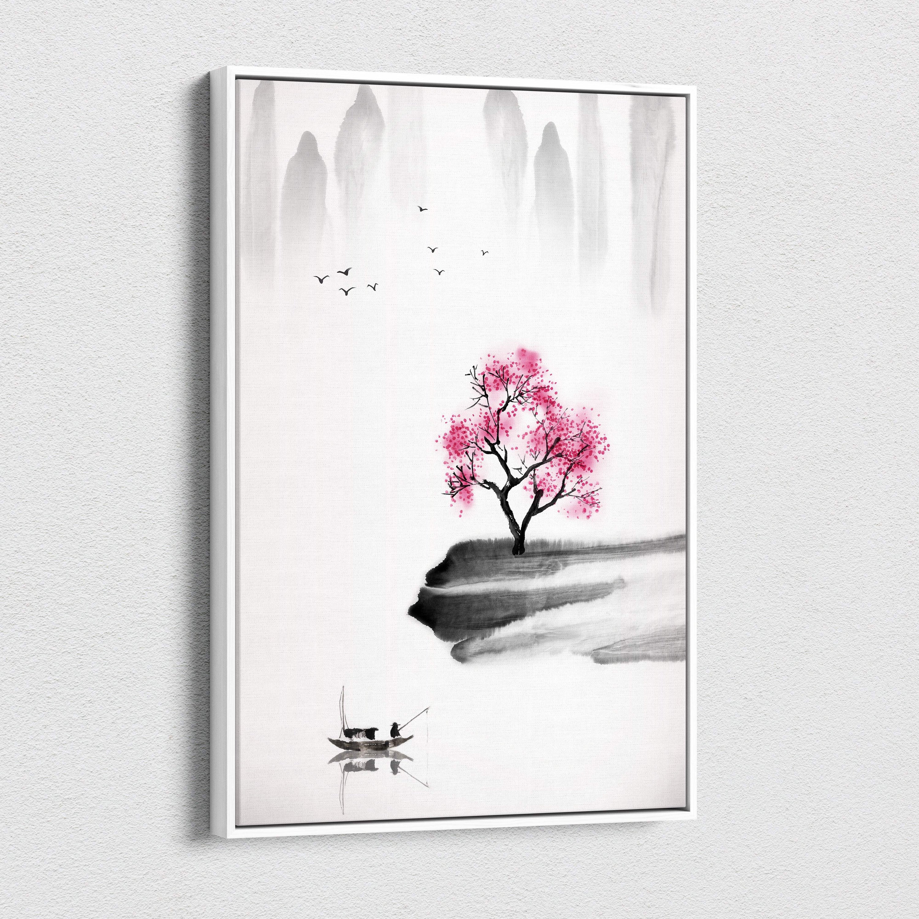 A framed pink cherry blossom lake canvas wall art with gray black asian ink painting style and serene zen fisherman design