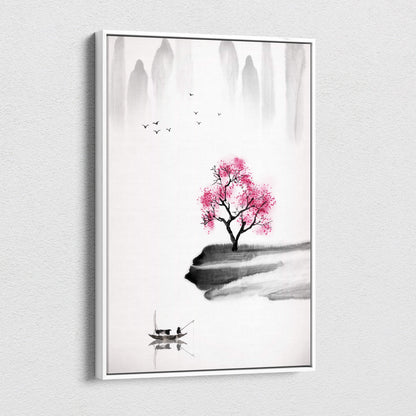 A framed pink cherry blossom lake canvas wall art with gray black asian ink painting style and serene zen fisherman design