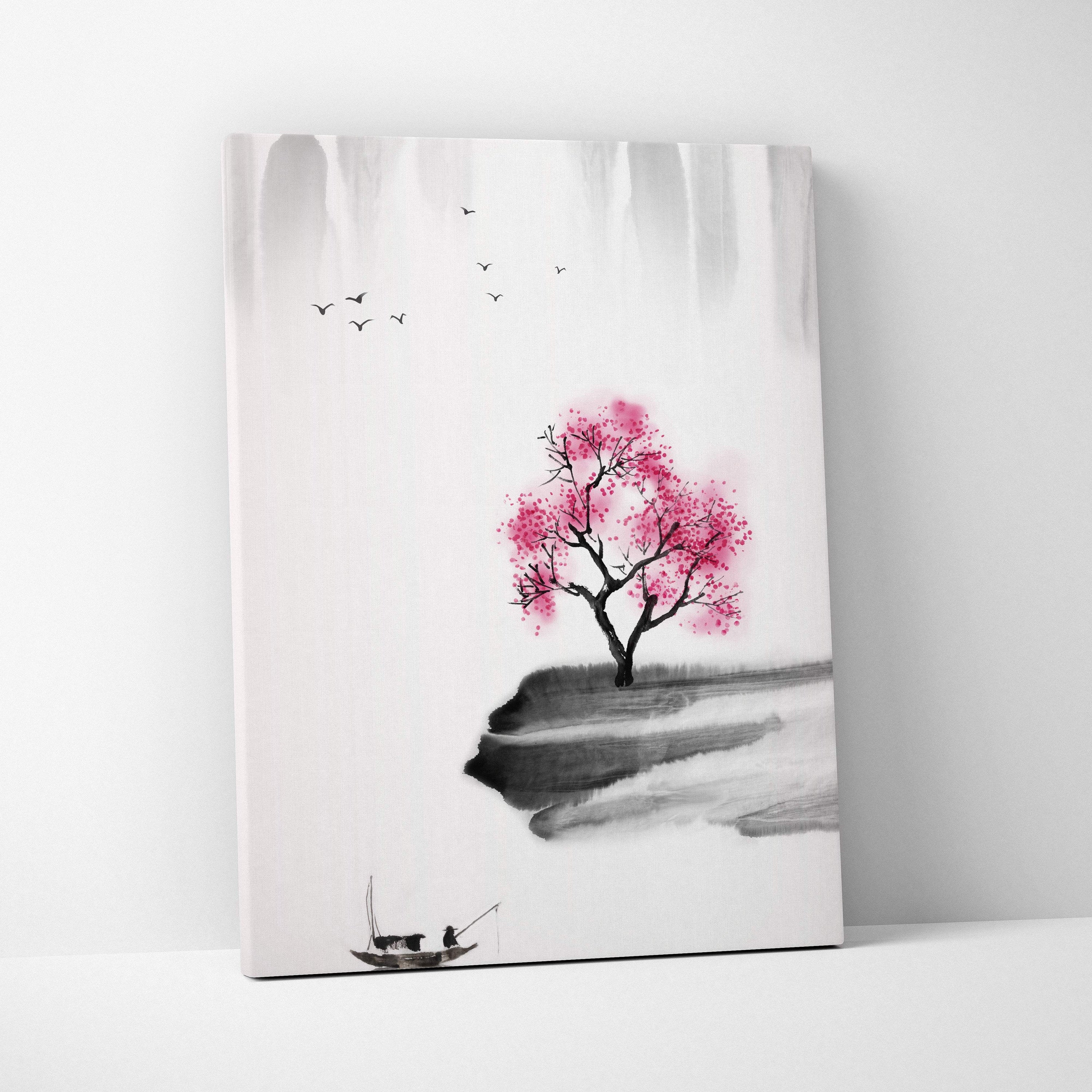 Minimalist pink cherry blossom tree canvas print with gray black ink wash and serene lake scene wall art decor