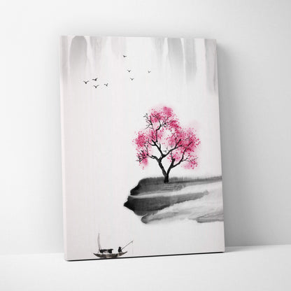 Minimalist pink cherry blossom tree canvas print with gray black ink wash and serene lake scene wall art decor