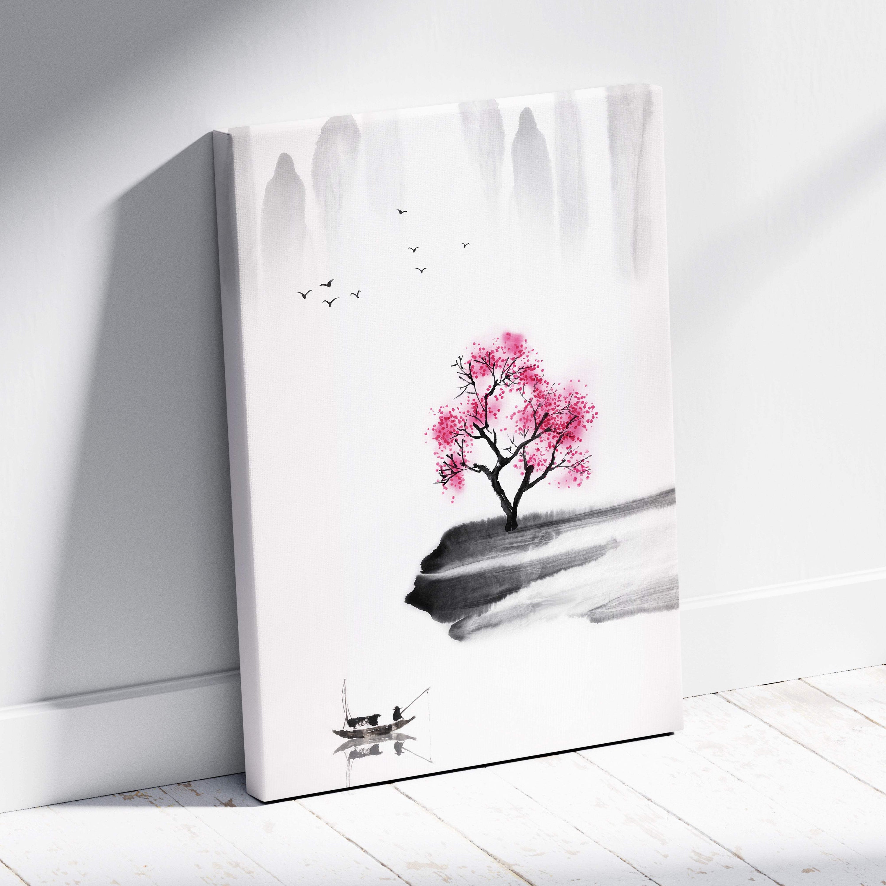 Minimalist pink cherry blossom lake canvas wall art with vibrant tree and gray black asian ink painting style decor