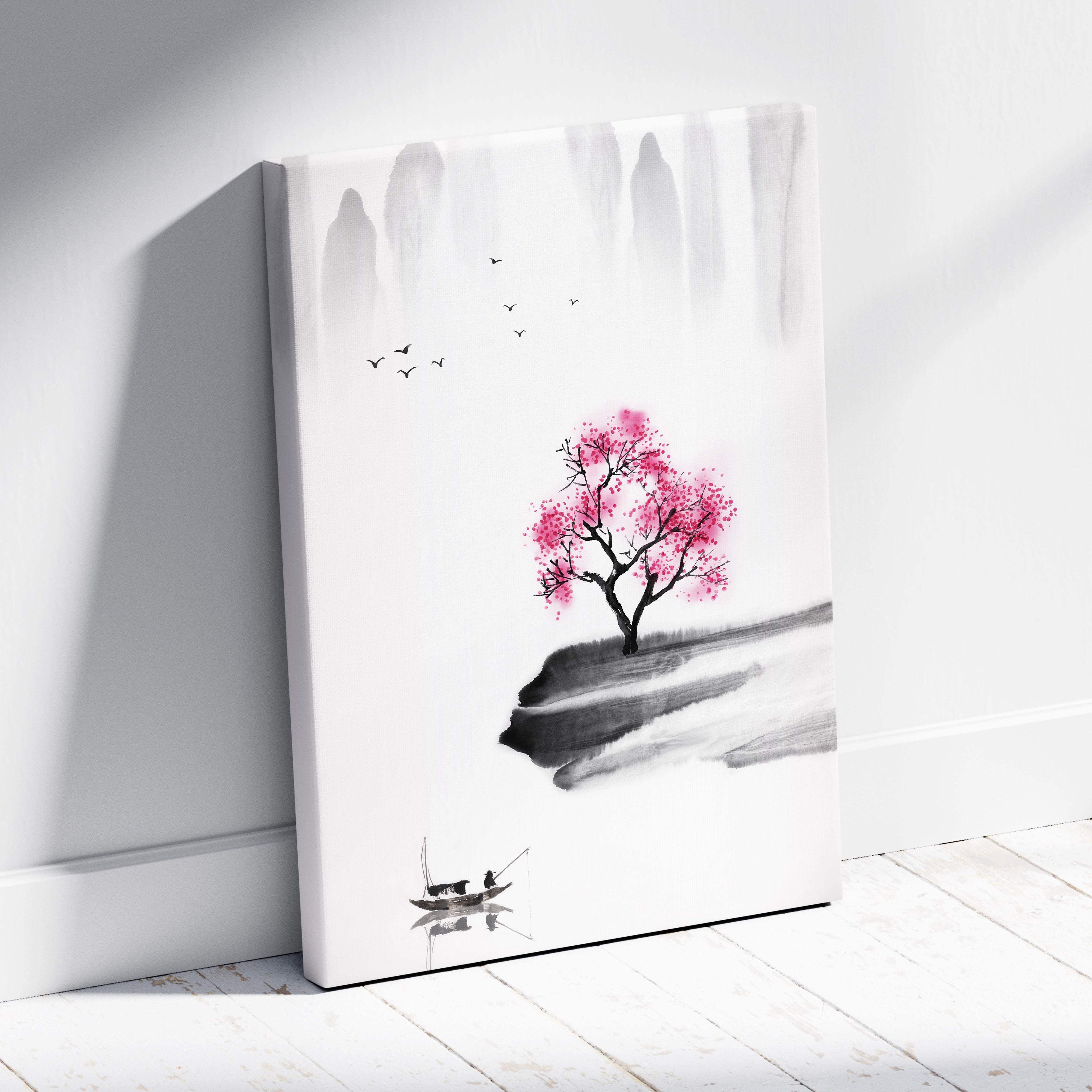 Minimalist pink cherry blossom lake canvas wall art with vibrant tree and gray black asian ink painting style decor
