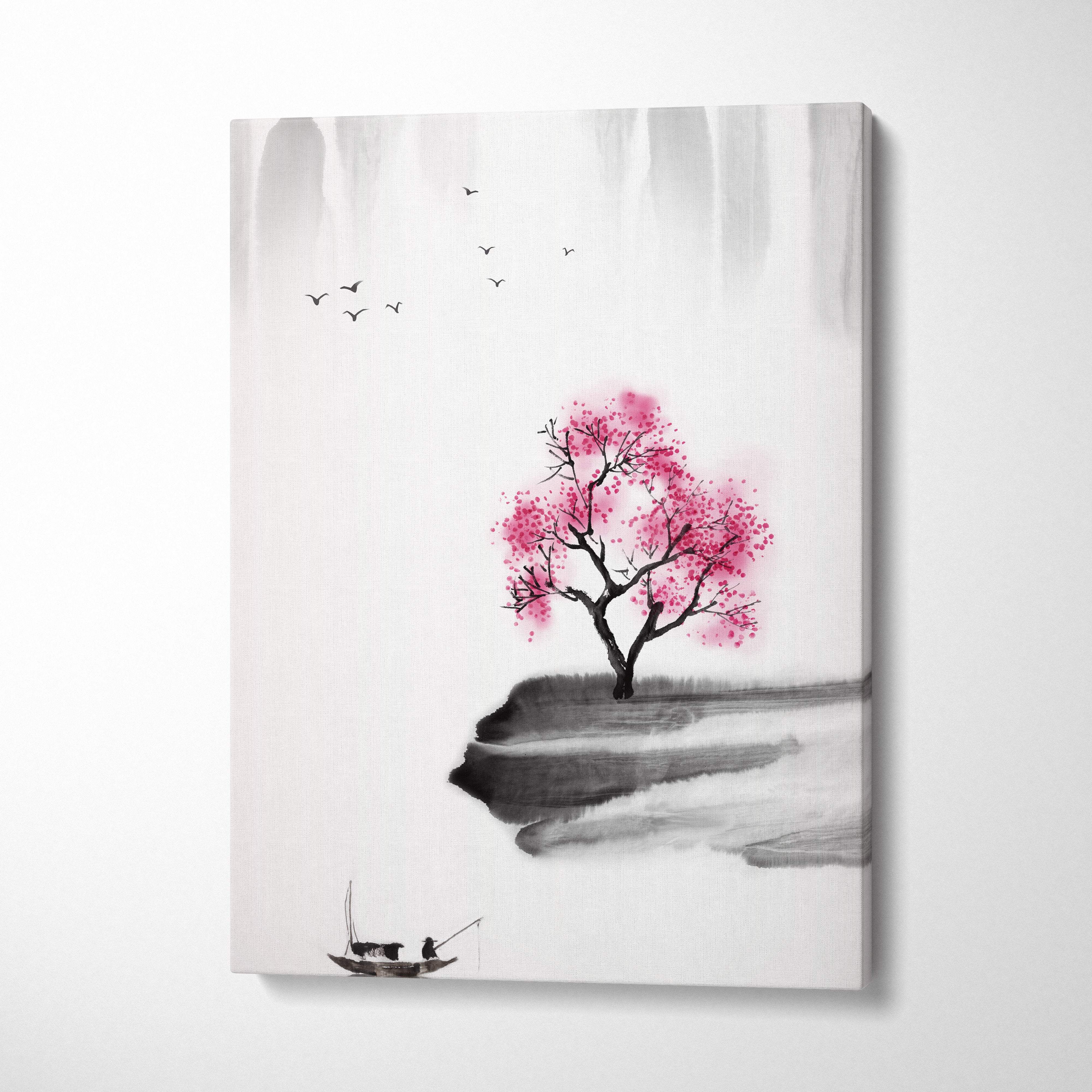 Pink cherry blossom lake canvas wall art with vibrant pink tree black branches gray ink wash birds for living room decor